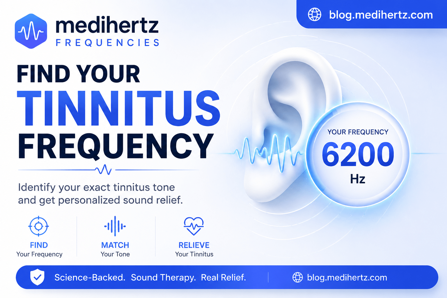 Find Your Tinnitus Frequency tool by Medihertz Frequencies showing a tinnitus frequency finder that helps users identify their ear ringing frequency and discover personalized sound relief.