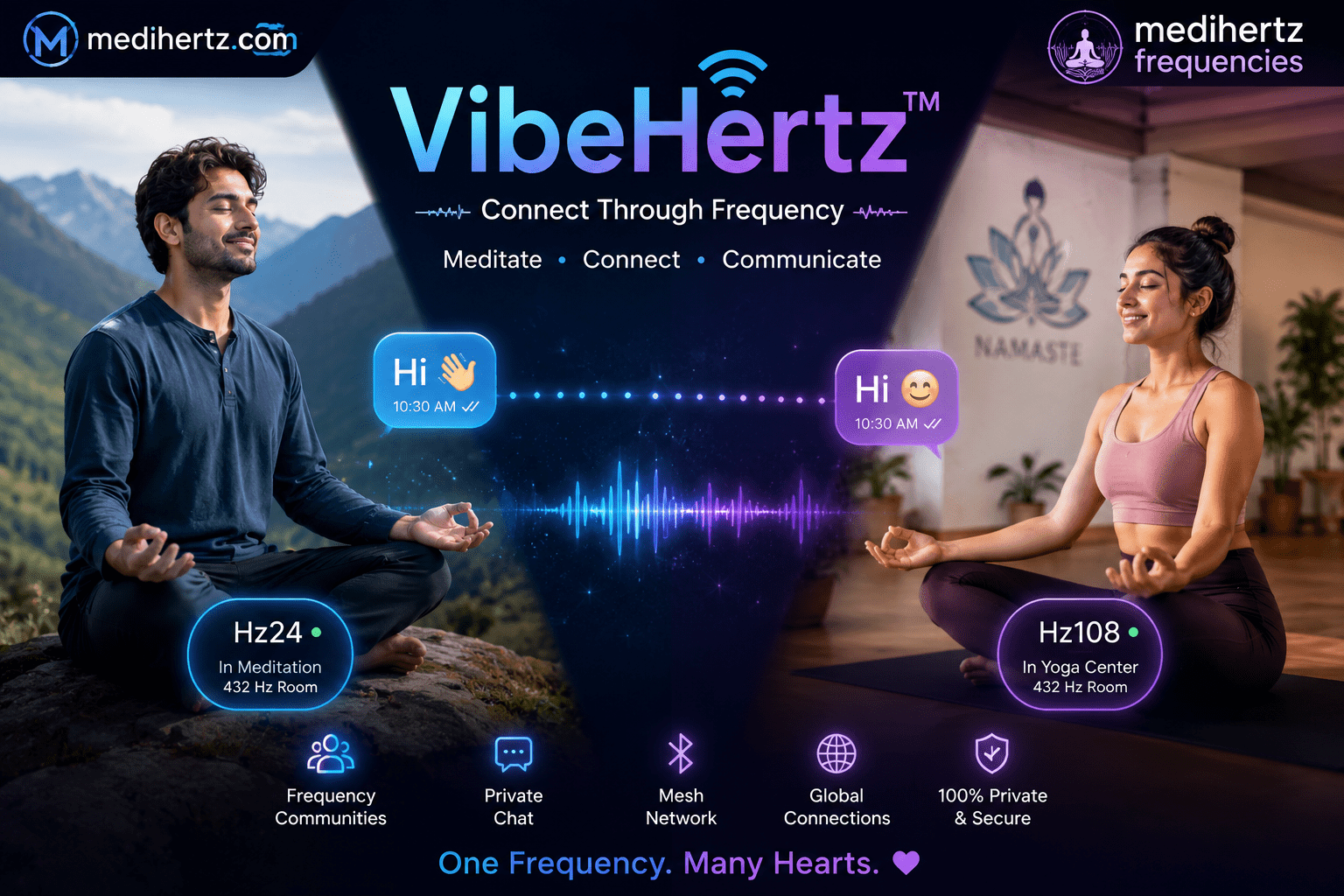 Two people meditating on the same frequency and exchanging messages through VibeHertz, a frequency-based social network by Medihertz Frequencies. One meditates in a luxury home while the other meditates in a yoga center, connected through a shared 432 Hz room.