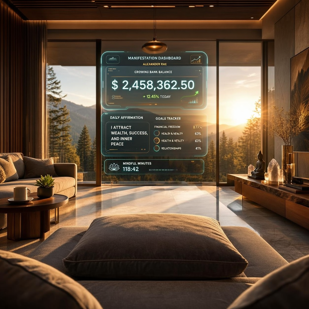 Billionaire mindset morning routine with luxury office, daily planner, business dashboard, and executive workspace overlooking the city skyline.