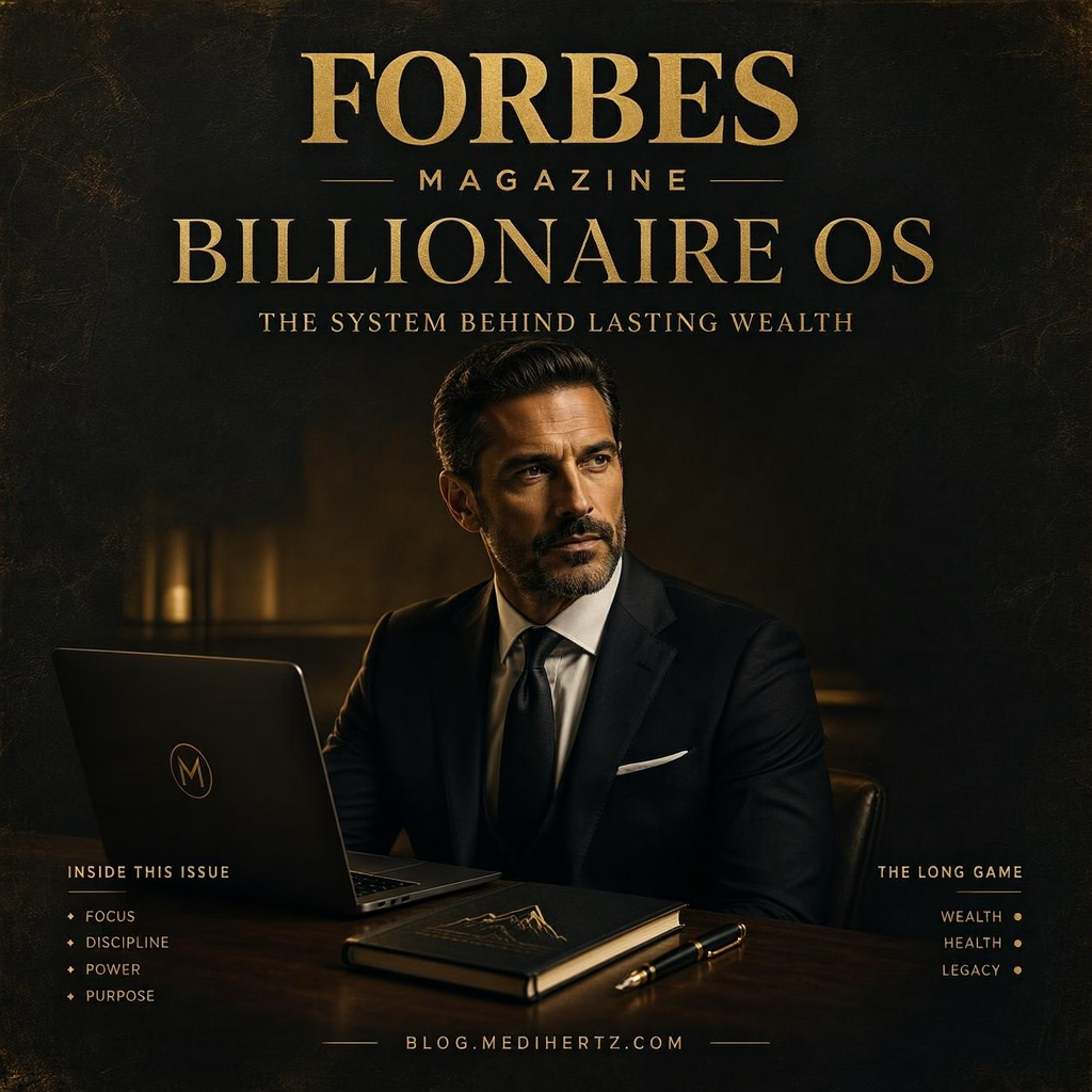 Billionaire mindset morning routine with luxury office, daily planner, business dashboard, and executive workspace overlooking the city skyline.