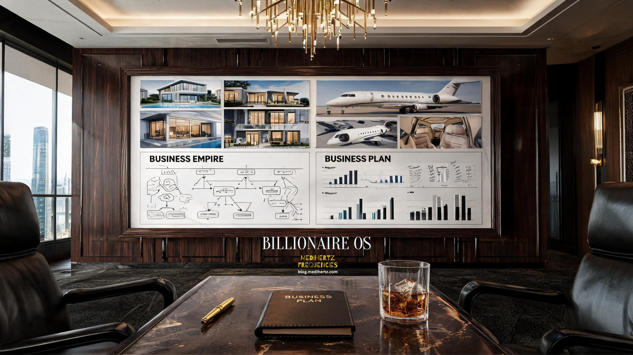 Billionaire mindset morning routine with luxury office, daily planner, business dashboard, and executive workspace overlooking the city skyline.