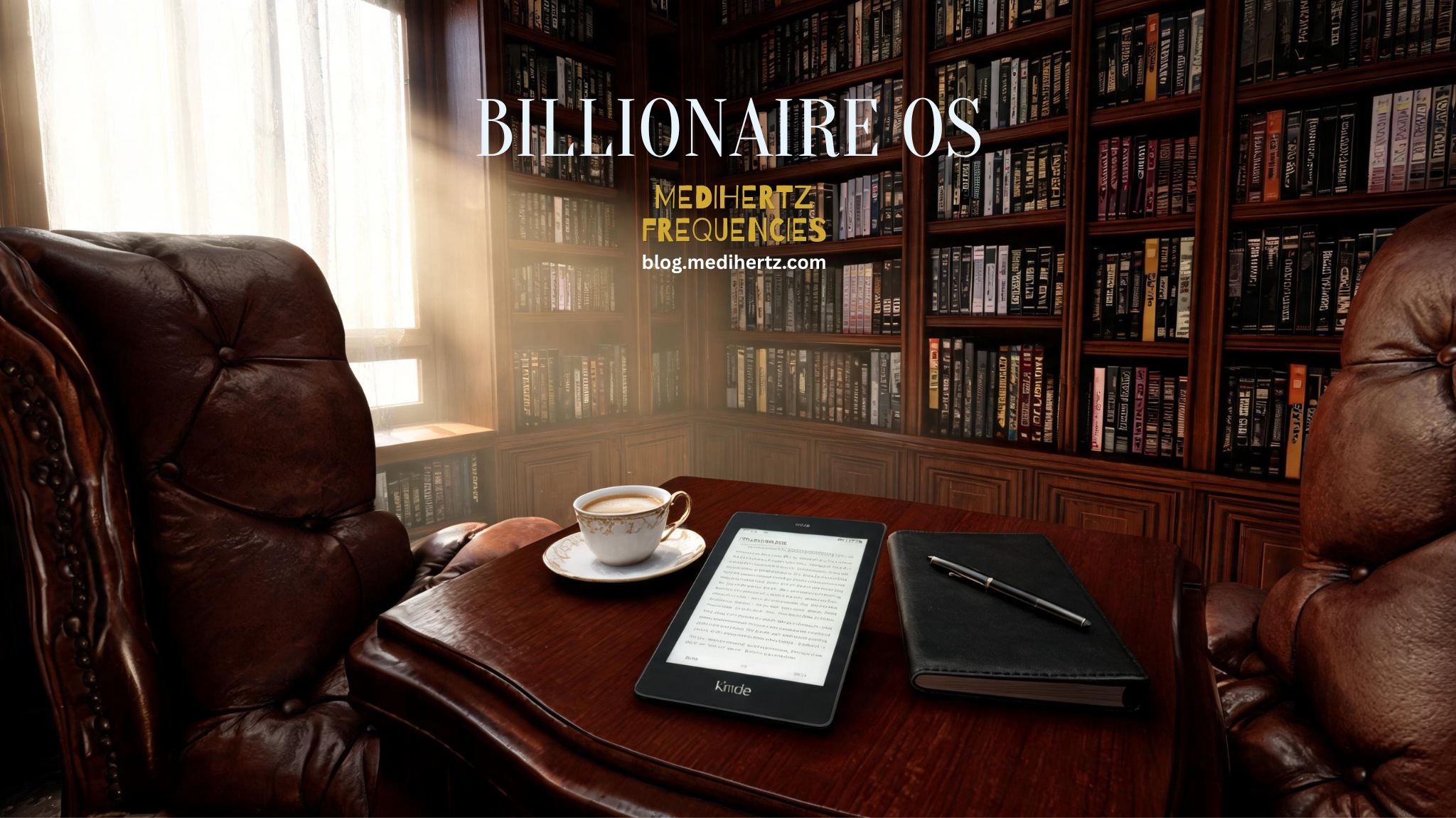 Billionaire mindset morning routine with luxury office, daily planner, business dashboard, and executive workspace overlooking the city skyline.