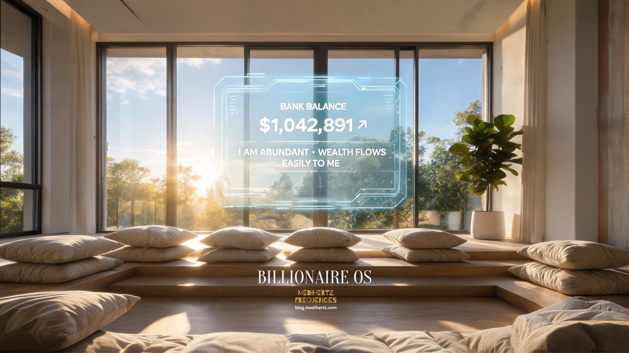 Billionaire mindset morning routine with luxury office, daily planner, business dashboard, and executive workspace overlooking the city skyline.