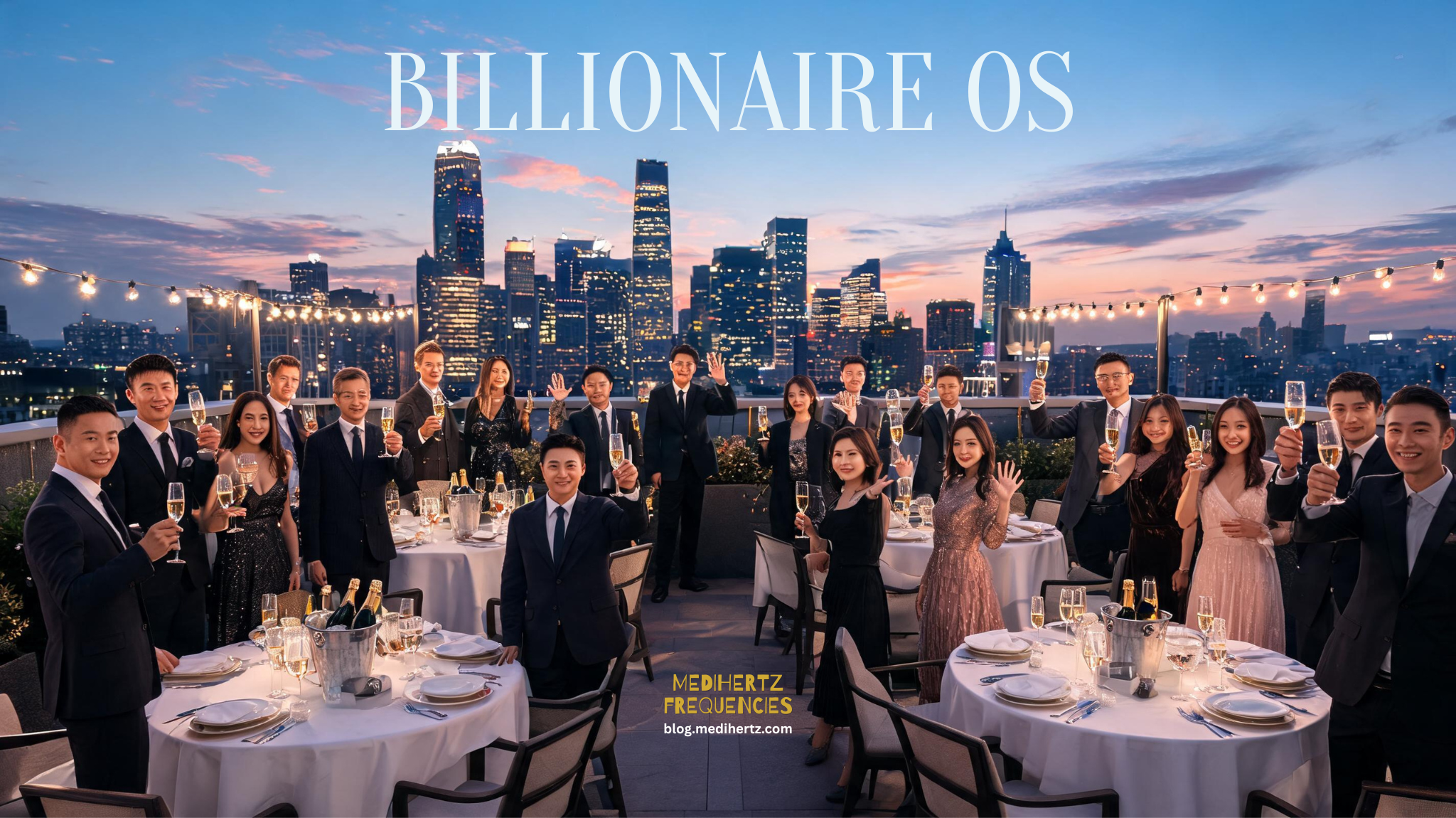 Billionaire mindset morning routine with luxury office, daily planner, business dashboard, and executive workspace overlooking the city skyline.