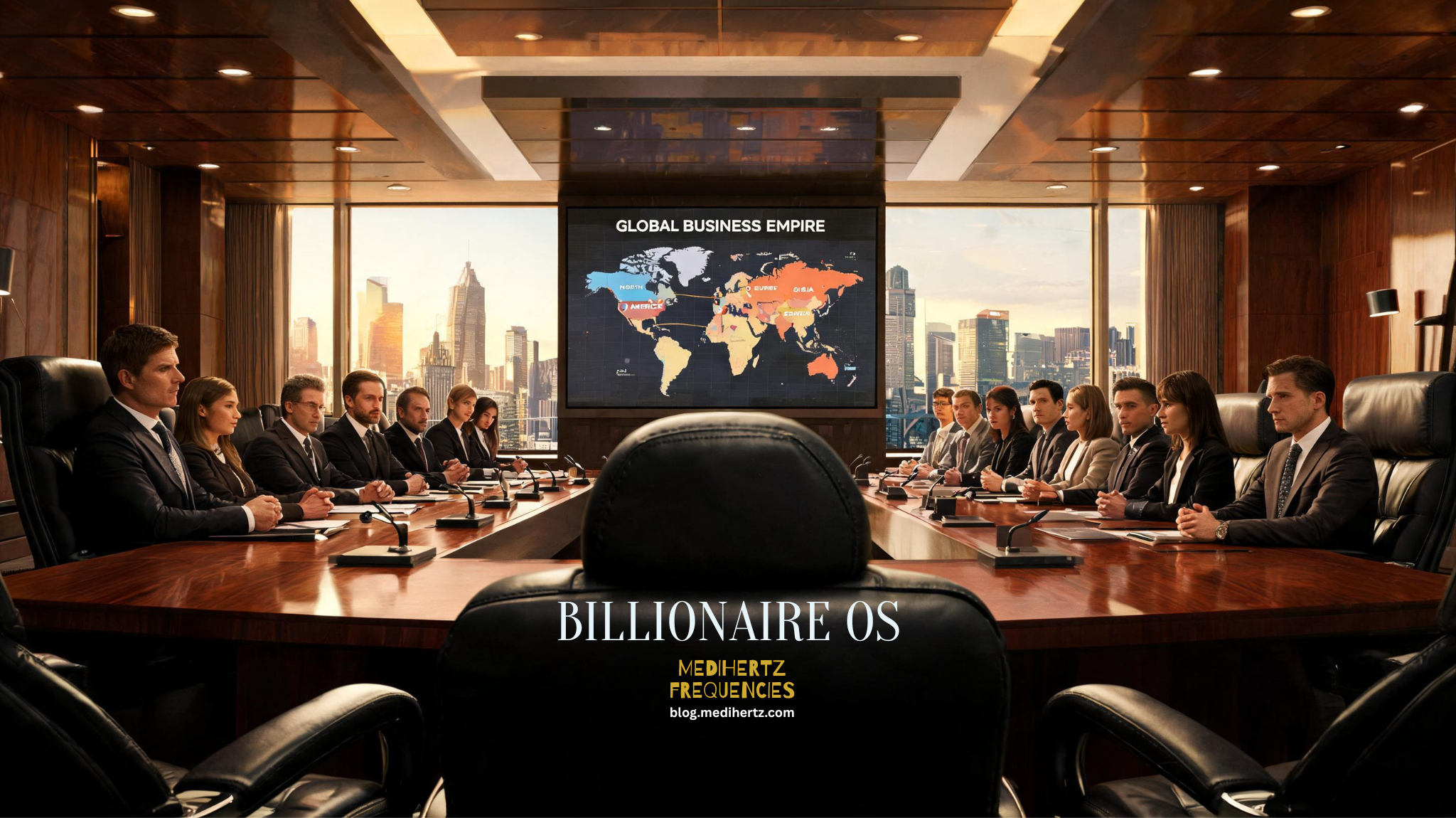 Billionaire mindset morning routine with luxury office, daily planner, business dashboard, and executive workspace overlooking the city skyline.