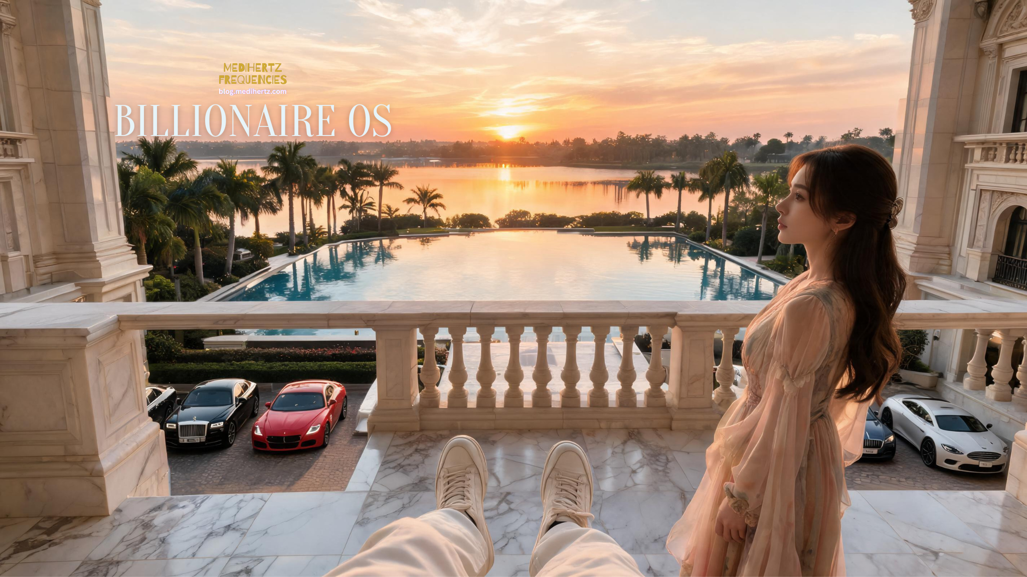 Billionaire mindset morning routine with luxury office, daily planner, business dashboard, and executive workspace overlooking the city skyline.