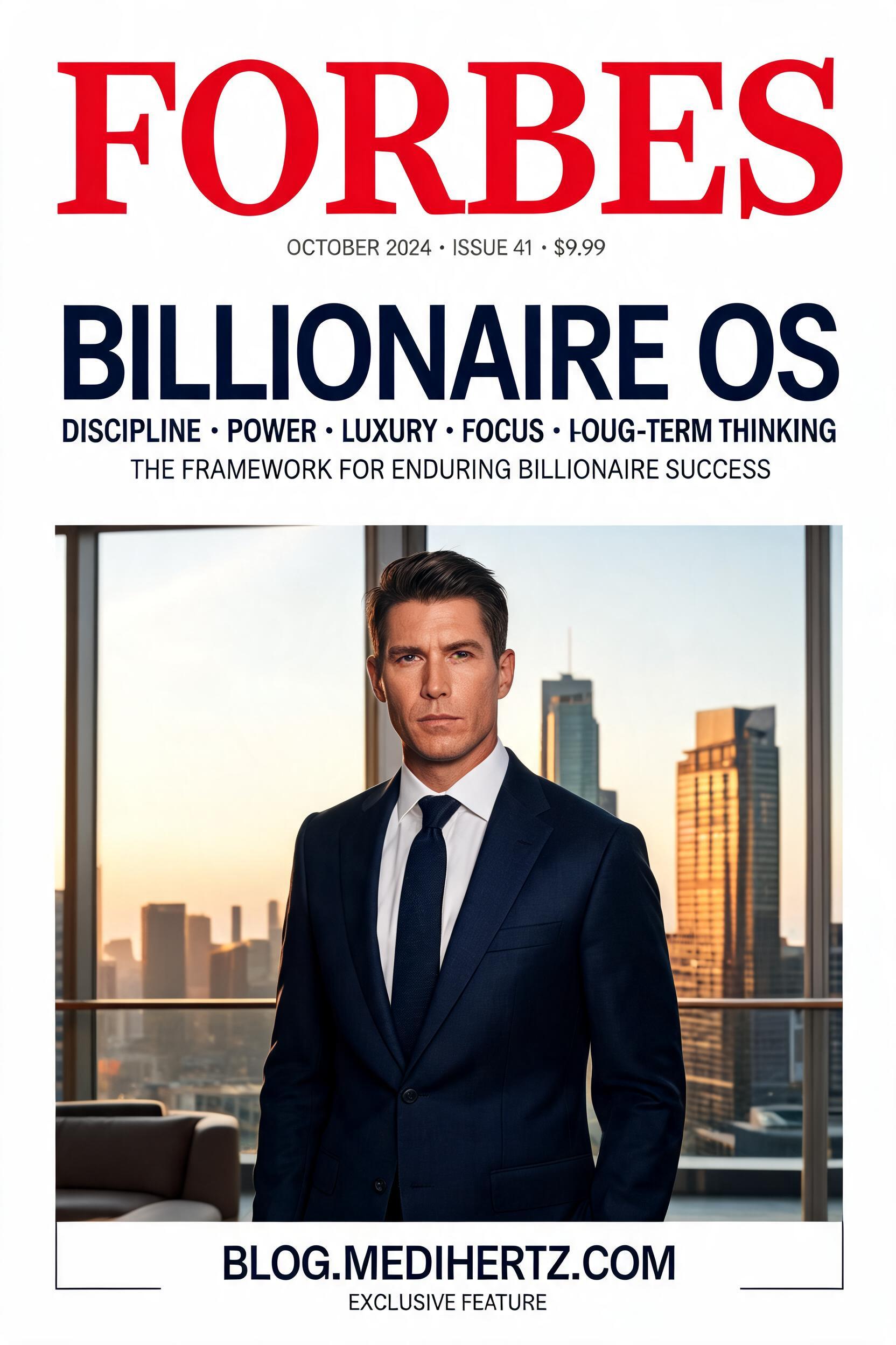 Billionaire mindset morning routine with luxury office, daily planner, business dashboard, and executive workspace overlooking the city skyline.