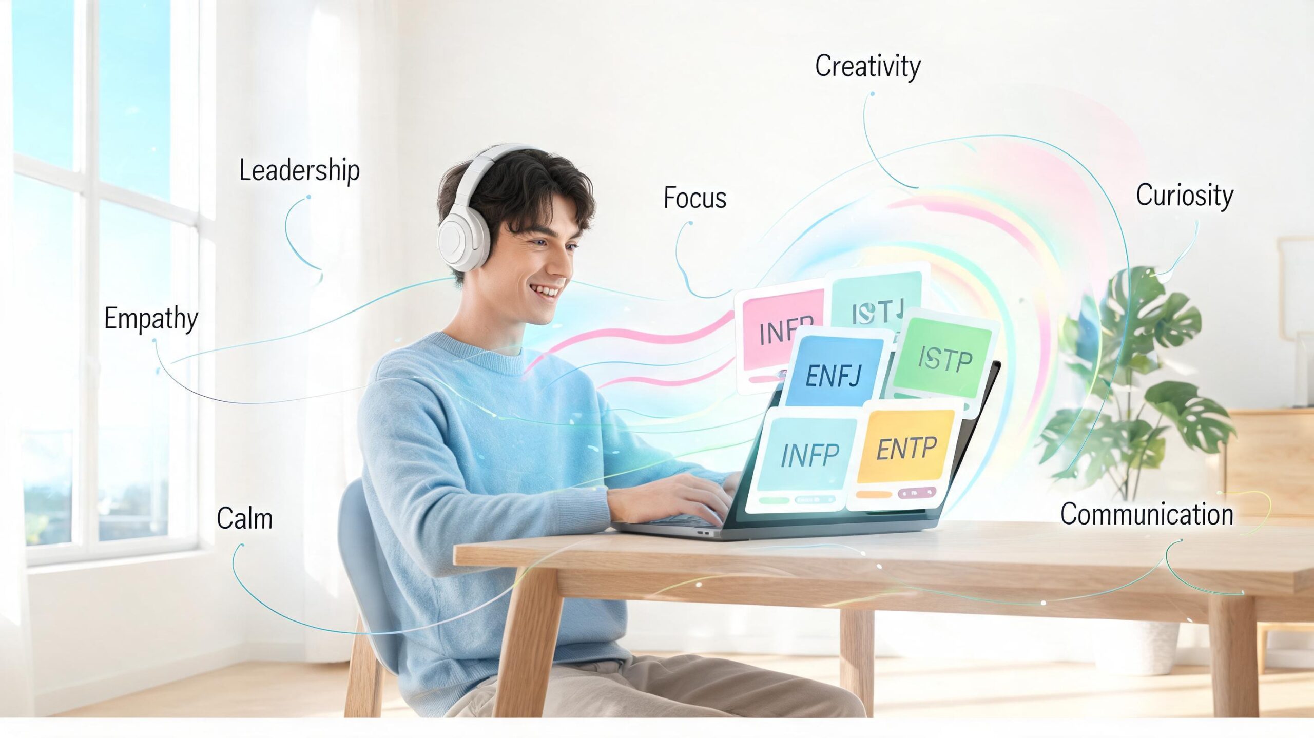 Person discovering their MBTI personality type with resonating frequency recommendations, introvert and extrovert personality analysis, self-discovery journey, free online personality test by Medihertz Frequencies.