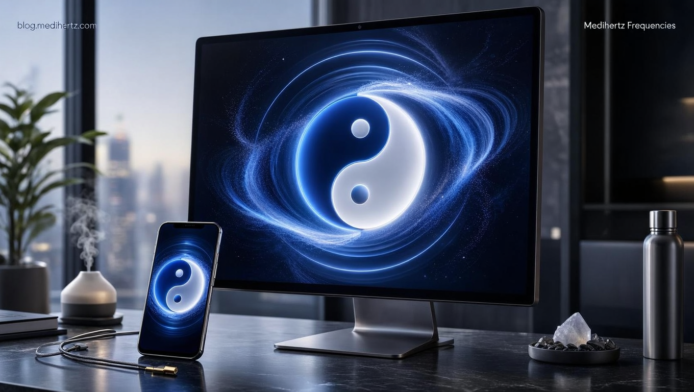 Yin Yang Frequency Wheel 7 Yin Yang Frequency Wheel by Medihertz Frequencies β interactive rotating Yin Yang meditation wallpaper with Solfeggio frequencies, sacred geometry, sound healing, mindfulness, focus, sleep, relaxation and energy balance.