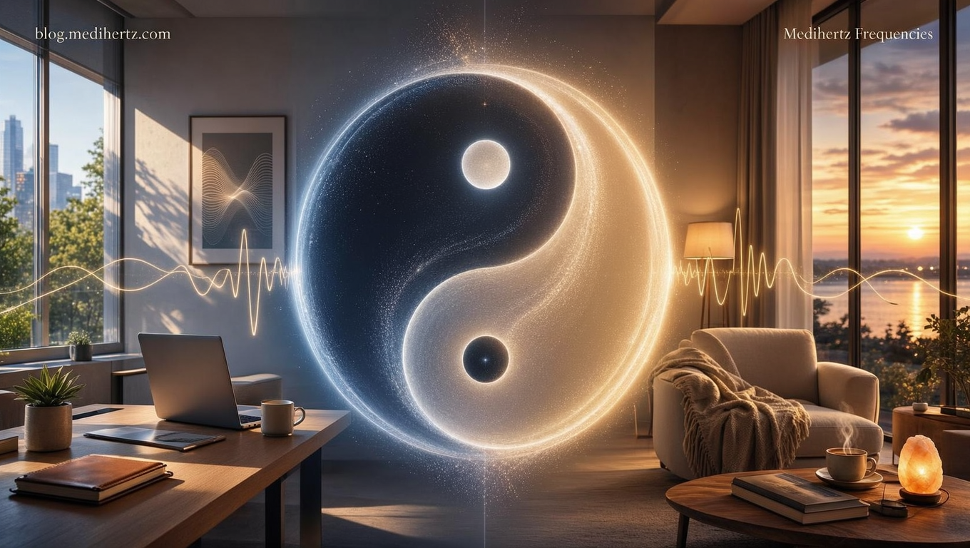 Yin Yang Frequency Wheel 4 Yin Yang Frequency Wheel by Medihertz Frequencies β interactive rotating Yin Yang meditation wallpaper with Solfeggio frequencies, sacred geometry, sound healing, mindfulness, focus, sleep, relaxation and energy balance.