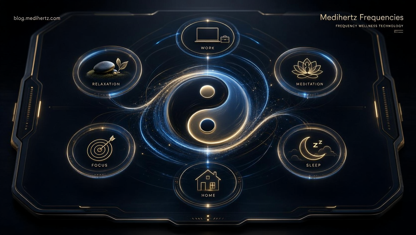 Yin Yang Frequency Wheel 3 Yin Yang Frequency Wheel by Medihertz Frequencies β interactive rotating Yin Yang meditation wallpaper with Solfeggio frequencies, sacred geometry, sound healing, mindfulness, focus, sleep, relaxation and energy balance.