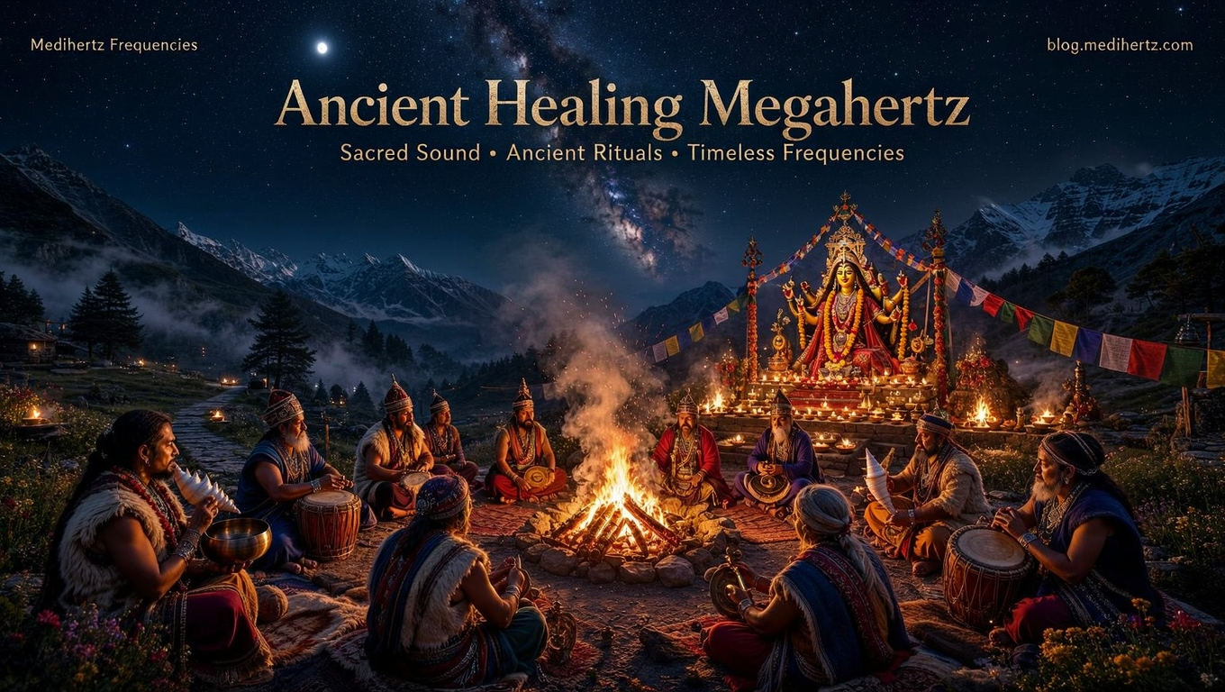 Ancient Himalayan tribal community performing sacred sound healing with traditional drums, conch shells, Tibetan singing bowls, bells, bamboo flutes, and a Maha Kali fire ritual beneath the stars, celebrating ancient healing frequencies, meditation, spiritual wellness, and ancestral sound traditions.