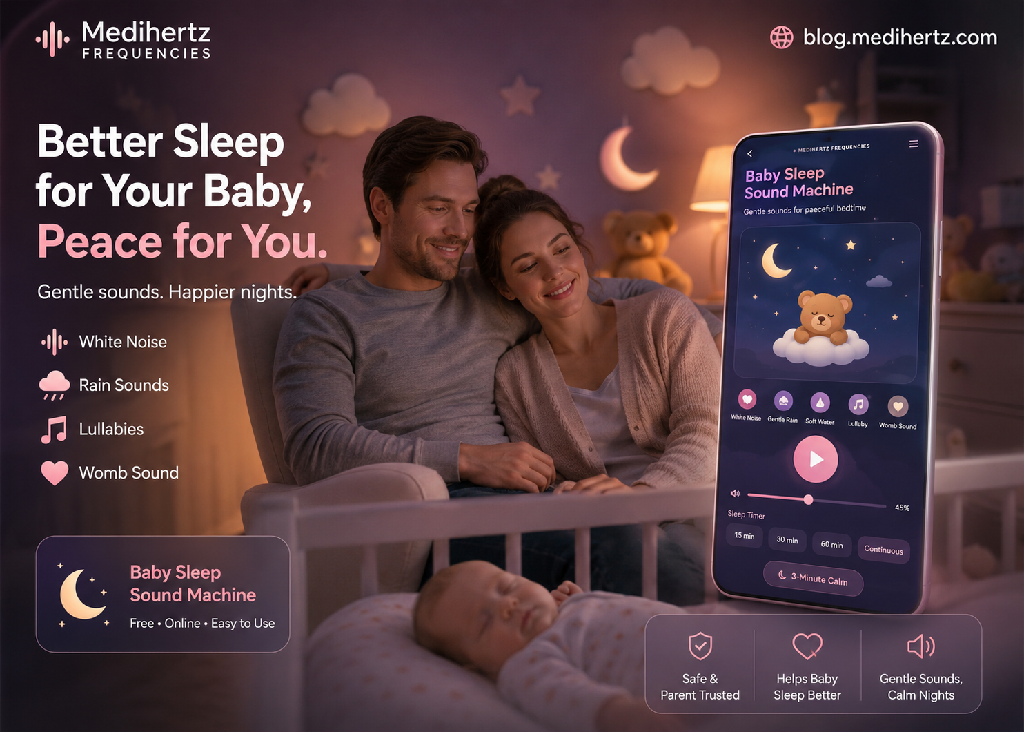 Baby sleep music and white noise sound machine helping create a peaceful bedtime environment