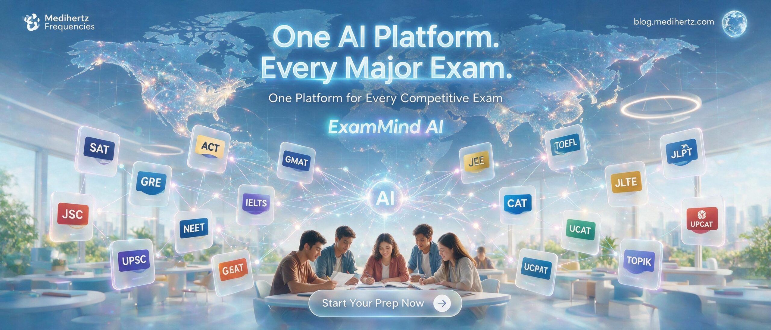 ExamMind AI by Medihertz Frequencies offering free AI mock tests, UPCAT mock test, SAT practice test, IELTS practice test, TOEFL mock test, JEE Main practice test, NEET mock test, UPSC, SSC, CAT, GRE, GMAT, UCAT, JLPT, TOPIK, GATE and competitive exam preparation with AI brain performance analysis, focus score, memory analysis, personalized study recommendations and brain frequency tools for students.