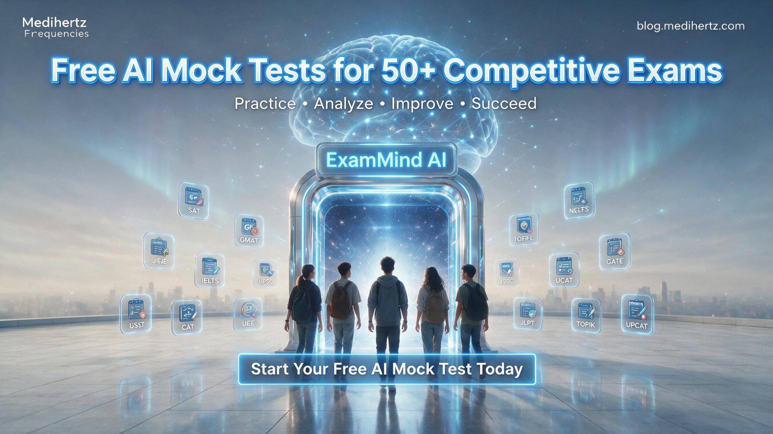 ExamMind AI by Medihertz Frequencies offering free AI mock tests, UPCAT mock test, SAT practice test, IELTS practice test, TOEFL mock test, JEE Main practice test, NEET mock test, UPSC, SSC, CAT, GRE, GMAT, UCAT, JLPT, TOPIK, GATE and competitive exam preparation with AI brain performance analysis, focus score, memory analysis, personalized study recommendations and brain frequency tools for students.