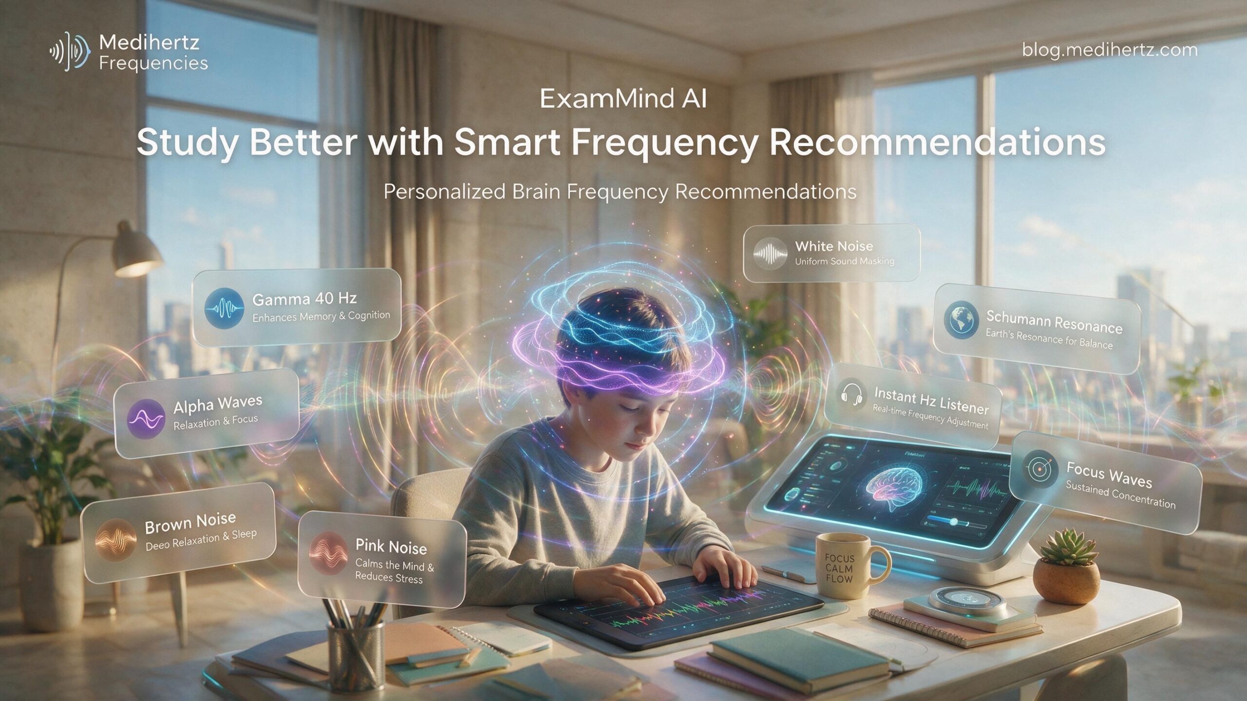 ExamMind AI by Medihertz Frequencies offering free AI mock tests, UPCAT mock test, SAT practice test, IELTS practice test, TOEFL mock test, JEE Main practice test, NEET mock test, UPSC, SSC, CAT, GRE, GMAT, UCAT, JLPT, TOPIK, GATE and competitive exam preparation with AI brain performance analysis, focus score, memory analysis, personalized study recommendations and brain frequency tools for students.
