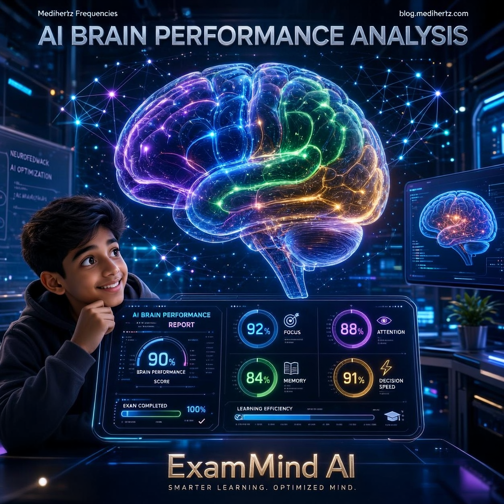 ExamMind AI by Medihertz Frequencies offering free AI mock tests, UPCAT mock test, SAT practice test, IELTS practice test, TOEFL mock test, JEE Main practice test, NEET mock test, UPSC, SSC, CAT, GRE, GMAT, UCAT, JLPT, TOPIK, GATE and competitive exam preparation with AI brain performance analysis, focus score, memory analysis, personalized study recommendations and brain frequency tools for students.