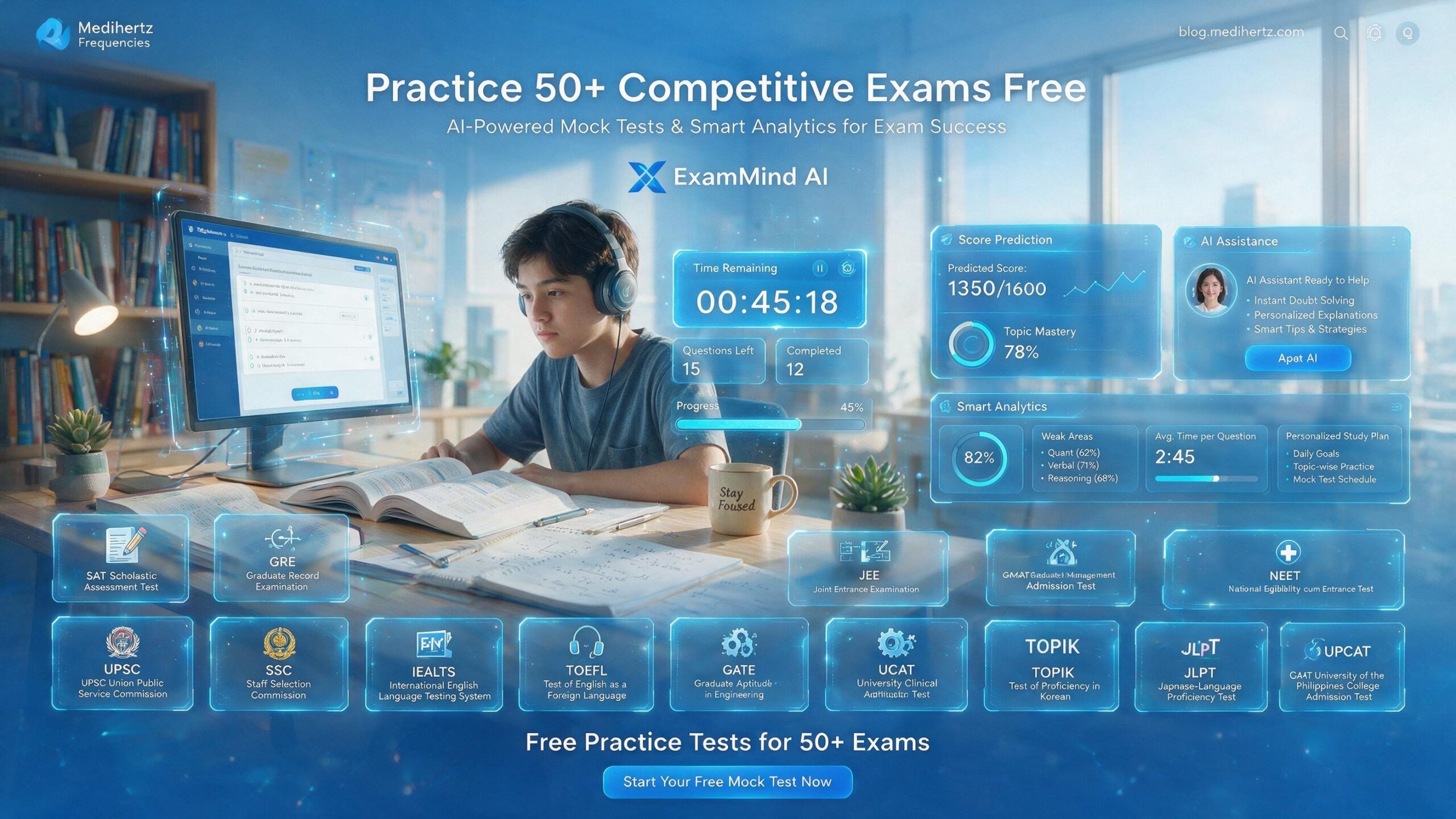 ExamMind AI by Medihertz Frequencies offering free AI mock tests, UPCAT mock test, SAT practice test, IELTS practice test, TOEFL mock test, JEE Main practice test, NEET mock test, UPSC, SSC, CAT, GRE, GMAT, UCAT, JLPT, TOPIK, GATE and competitive exam preparation with AI brain performance analysis, focus score, memory analysis, personalized study recommendations and brain frequency tools for students.