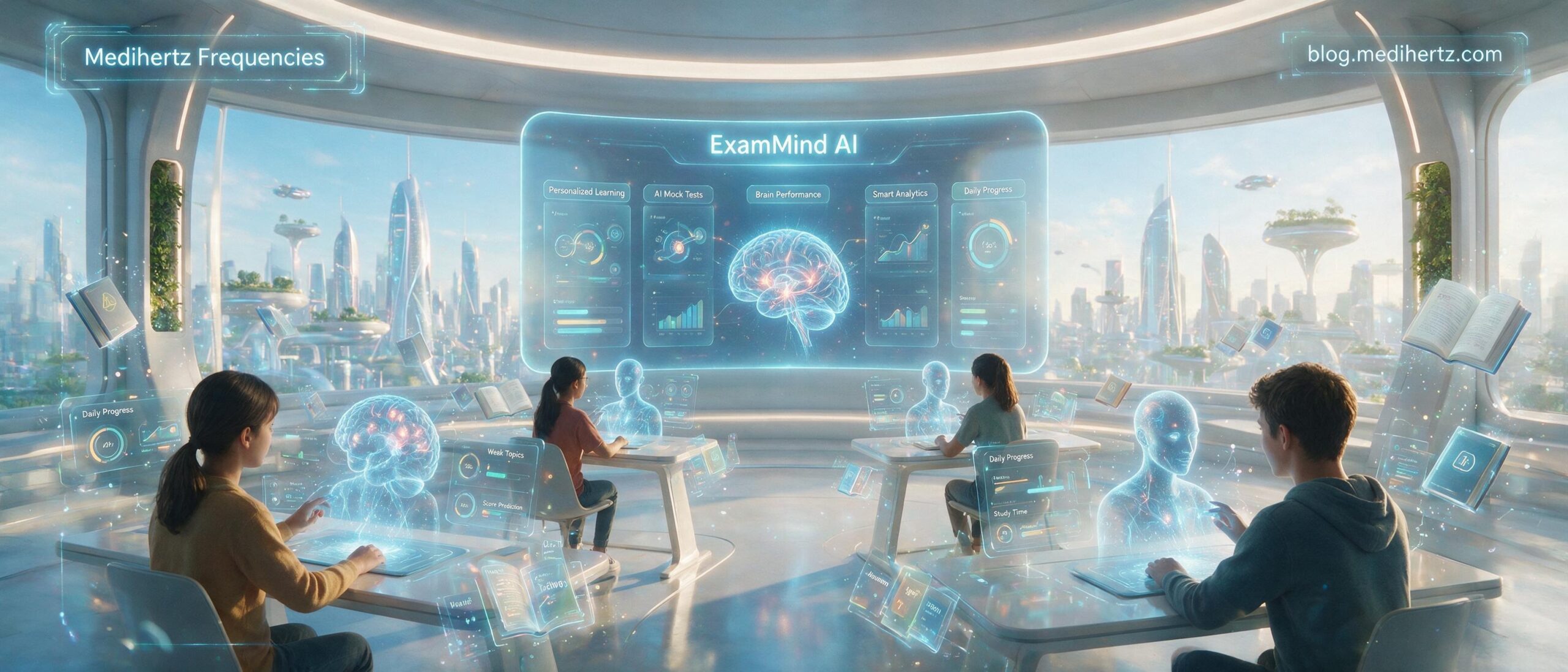 ExamMind AI by Medihertz Frequencies offering free AI mock tests, UPCAT mock test, SAT practice test, IELTS practice test, TOEFL mock test, JEE Main practice test, NEET mock test, UPSC, SSC, CAT, GRE, GMAT, UCAT, JLPT, TOPIK, GATE and competitive exam preparation with AI brain performance analysis, focus score, memory analysis, personalized study recommendations and brain frequency tools for students.