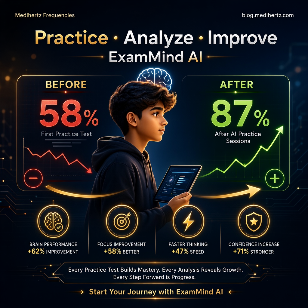 ExamMind AI by Medihertz Frequencies offering free AI mock tests, UPCAT mock test, SAT practice test, IELTS practice test, TOEFL mock test, JEE Main practice test, NEET mock test, UPSC, SSC, CAT, GRE, GMAT, UCAT, JLPT, TOPIK, GATE and competitive exam preparation with AI brain performance analysis, focus score, memory analysis, personalized study recommendations and brain frequency tools for students.