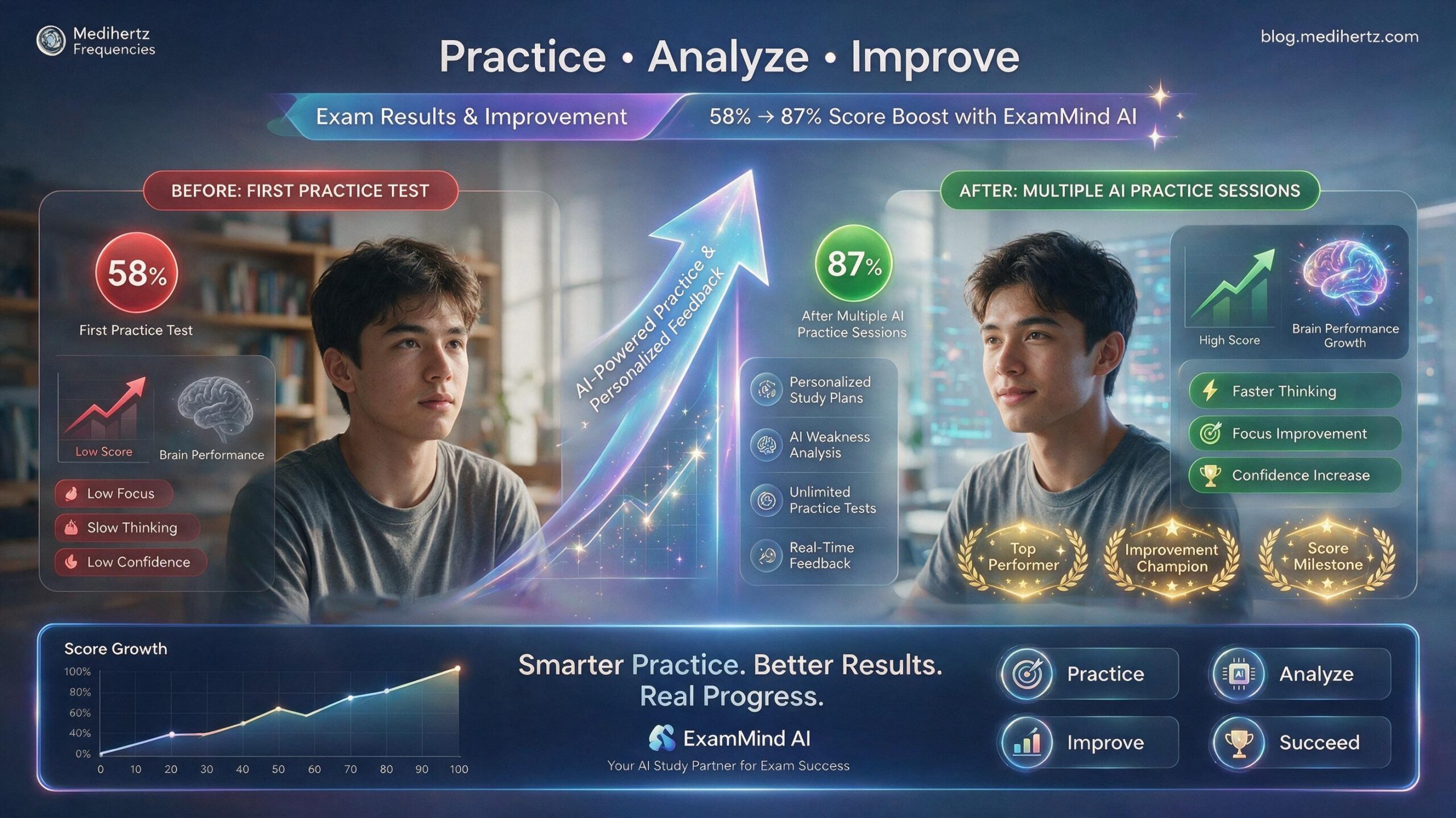 ExamMind AI by Medihertz Frequencies offering free AI mock tests, UPCAT mock test, SAT practice test, IELTS practice test, TOEFL mock test, JEE Main practice test, NEET mock test, UPSC, SSC, CAT, GRE, GMAT, UCAT, JLPT, TOPIK, GATE and competitive exam preparation with AI brain performance analysis, focus score, memory analysis, personalized study recommendations and brain frequency tools for students.