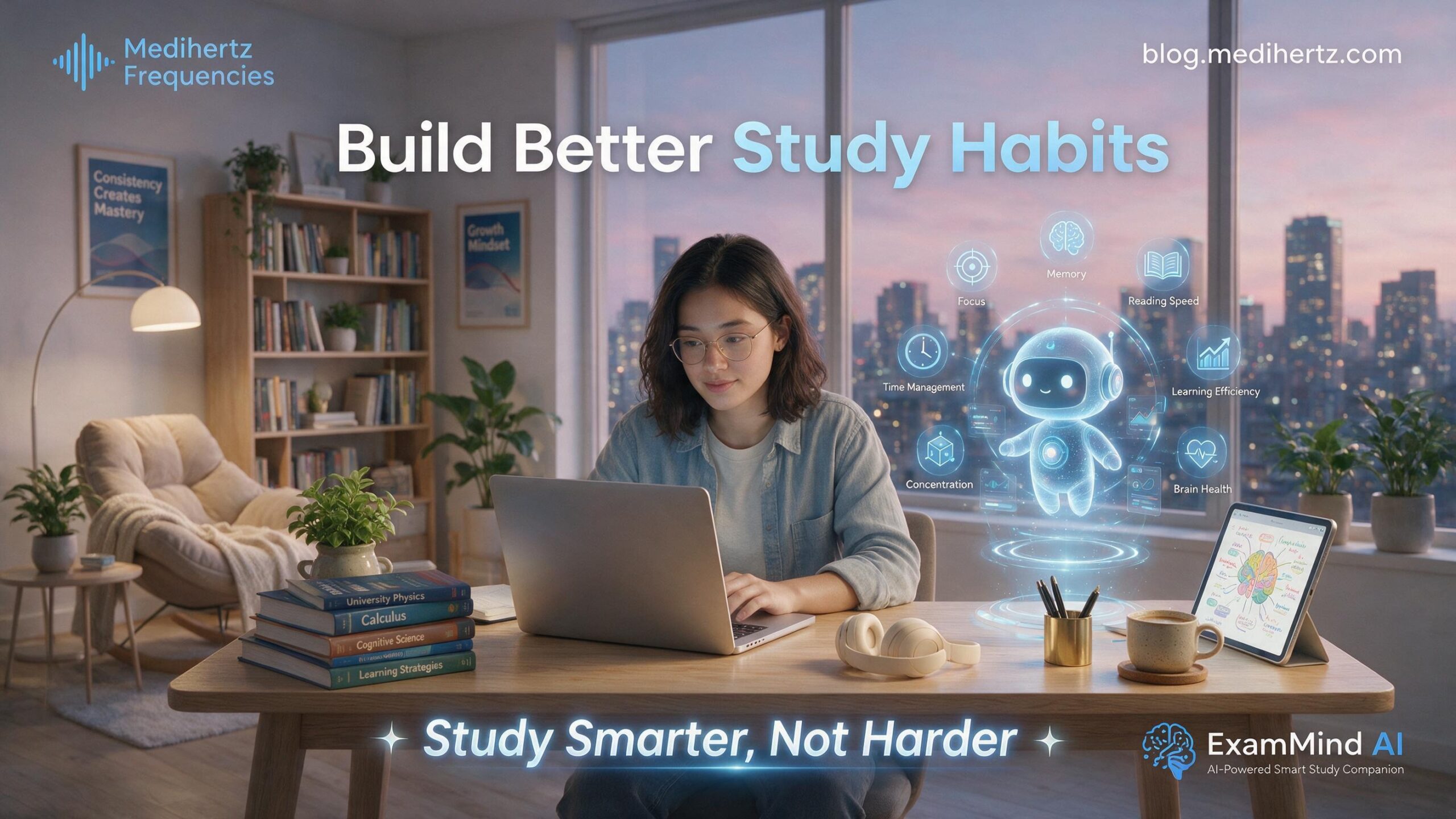 ExamMind AI by Medihertz Frequencies offering free AI mock tests, UPCAT mock test, SAT practice test, IELTS practice test, TOEFL mock test, JEE Main practice test, NEET mock test, UPSC, SSC, CAT, GRE, GMAT, UCAT, JLPT, TOPIK, GATE and competitive exam preparation with AI brain performance analysis, focus score, memory analysis, personalized study recommendations and brain frequency tools for students.