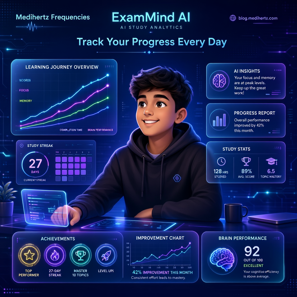 ExamMind AI by Medihertz Frequencies offering free AI mock tests, UPCAT mock test, SAT practice test, IELTS practice test, TOEFL mock test, JEE Main practice test, NEET mock test, UPSC, SSC, CAT, GRE, GMAT, UCAT, JLPT, TOPIK, GATE and competitive exam preparation with AI brain performance analysis, focus score, memory analysis, personalized study recommendations and brain frequency tools for students.