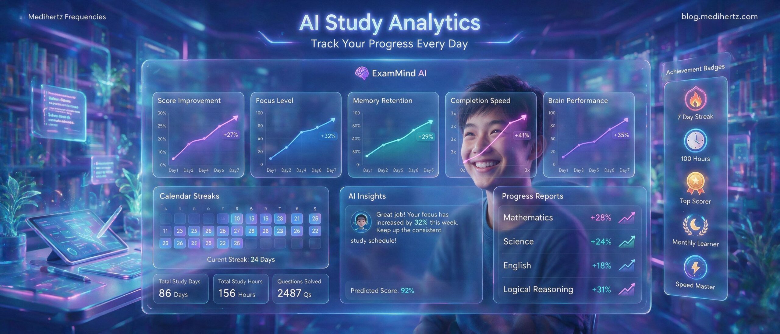 ExamMind AI by Medihertz Frequencies offering free AI mock tests, UPCAT mock test, SAT practice test, IELTS practice test, TOEFL mock test, JEE Main practice test, NEET mock test, UPSC, SSC, CAT, GRE, GMAT, UCAT, JLPT, TOPIK, GATE and competitive exam preparation with AI brain performance analysis, focus score, memory analysis, personalized study recommendations and brain frequency tools for students.