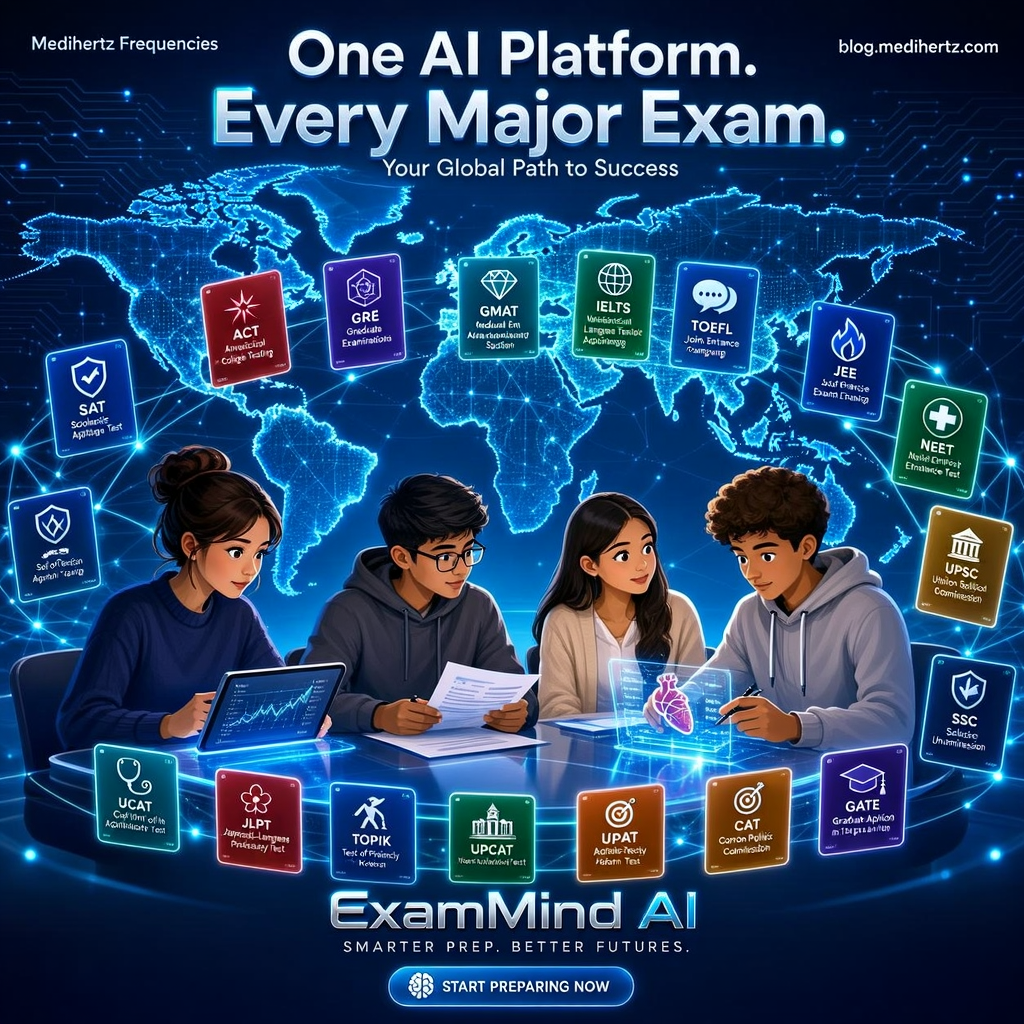 ExamMind AI by Medihertz Frequencies offering free AI mock tests, UPCAT mock test, SAT practice test, IELTS practice test, TOEFL mock test, JEE Main practice test, NEET mock test, UPSC, SSC, CAT, GRE, GMAT, UCAT, JLPT, TOPIK, GATE and competitive exam preparation with AI brain performance analysis, focus score, memory analysis, personalized study recommendations and brain frequency tools for students.