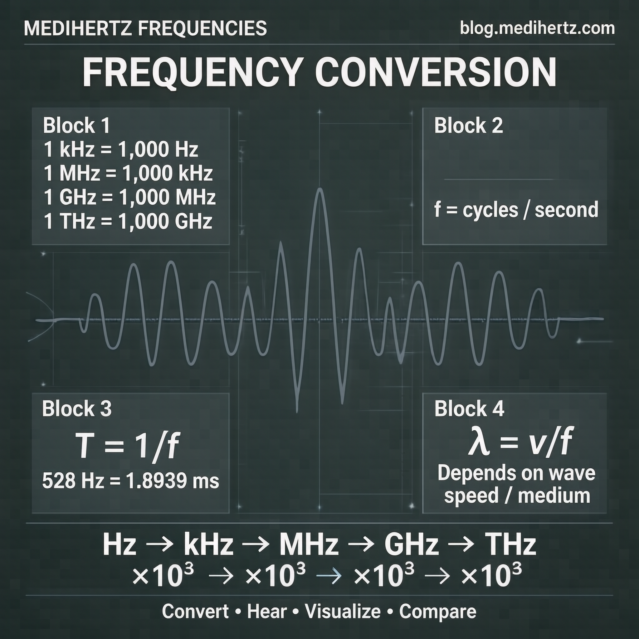 Medihertz Frequencies Frequency Converter and Frequency Calculator infographic covering Hz, kHz, MHz, GHz and THz conversion, Hz to kHz, kHz to Hz, MHz to Hz, GHz to Hz, THz to Hz, frequency units, Hertz, cycles per second, frequency formula, period calculation, wavelength calculation, frequency to wavelength, sine waves, waveforms, audible frequency range, scientific notation and frequency spectrum.
