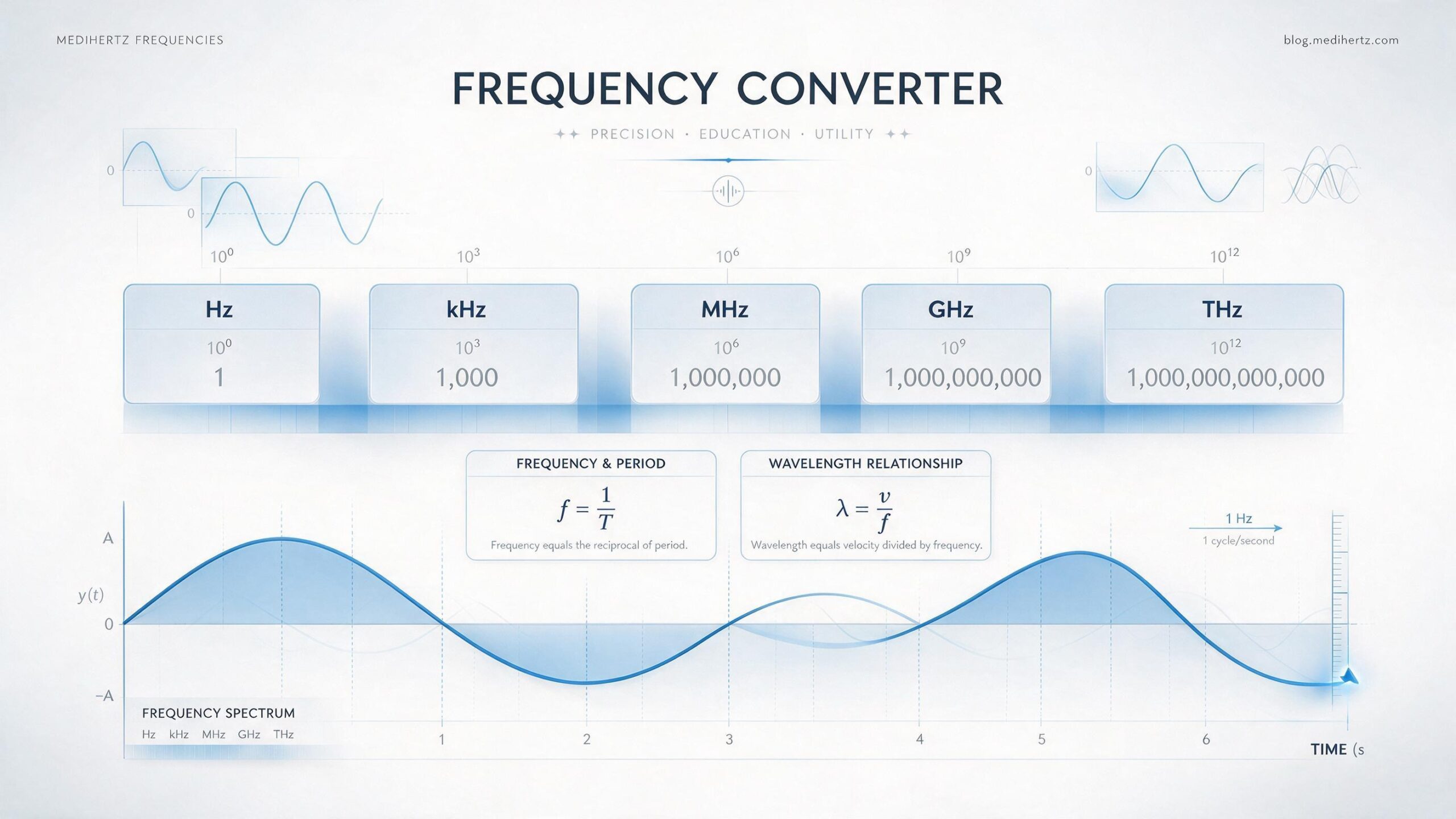 Medihertz Frequencies Frequency Converter and Frequency Calculator infographic covering Hz, kHz, MHz, GHz and THz conversion, Hz to kHz, kHz to Hz, MHz to Hz, GHz to Hz, THz to Hz, frequency units, Hertz, cycles per second, frequency formula, period calculation, wavelength calculation, frequency to wavelength, sine waves, waveforms, audible frequency range, scientific notation and frequency spectrum.