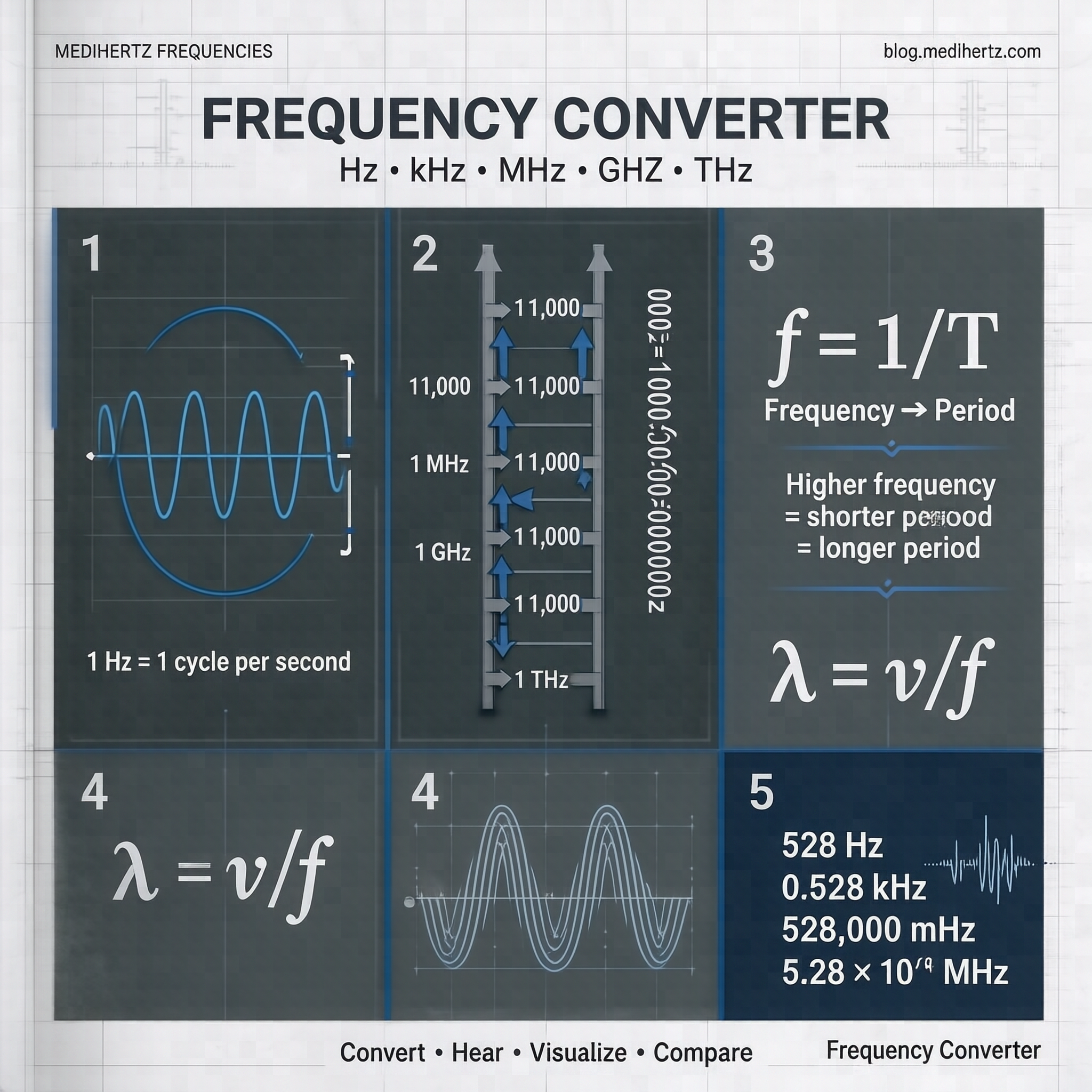 Medihertz Frequencies Frequency Converter and Frequency Calculator infographic covering Hz, kHz, MHz, GHz and THz conversion, Hz to kHz, kHz to Hz, MHz to Hz, GHz to Hz, THz to Hz, frequency units, Hertz, cycles per second, frequency formula, period calculation, wavelength calculation, frequency to wavelength, sine waves, waveforms, audible frequency range, scientific notation and frequency spectrum.