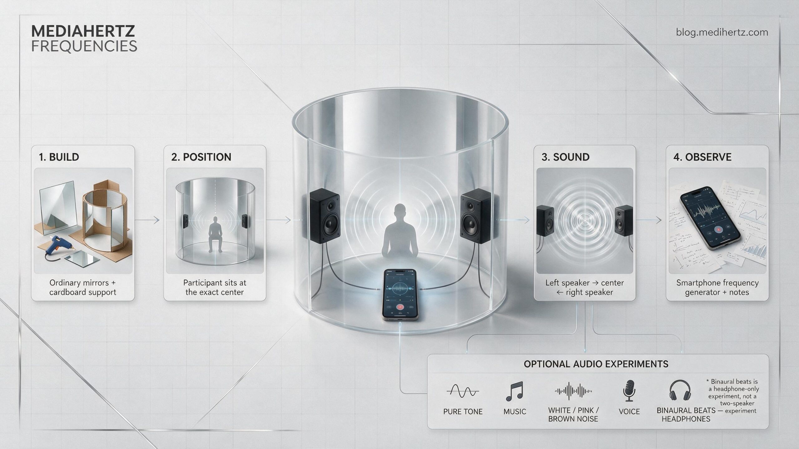 DIY Kozyrev mirror experiment setup using market-bought curved mirrors, positioned around a seated person with two openings for sound frequency testing