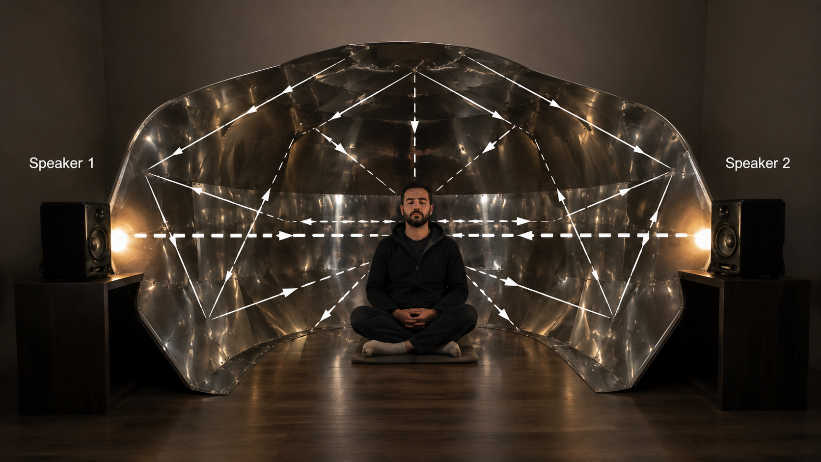 DIY Kozyrev mirror experiment setup using market-bought curved mirrors, positioned around a seated person with two openings for sound frequency testing