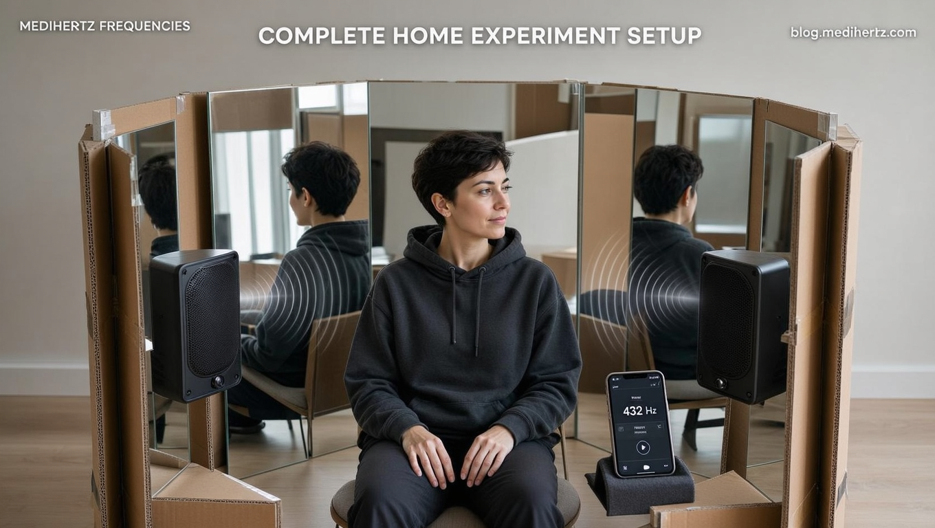 DIY Kozyrev mirror experiment setup using market-bought curved mirrors, positioned around a seated person with two openings for sound frequency testing