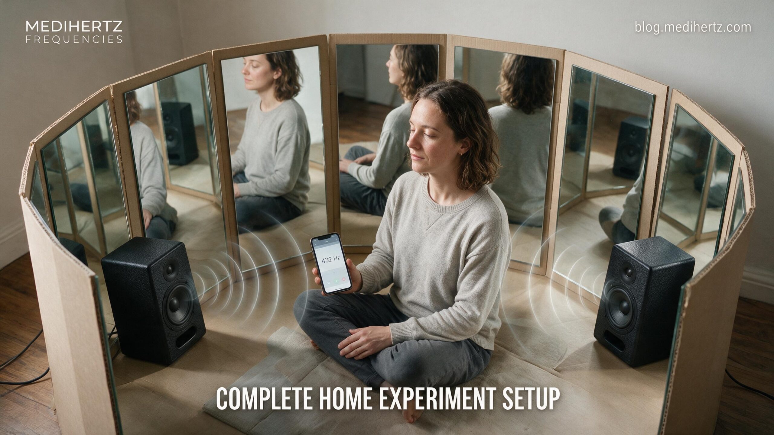 DIY Kozyrev mirror experiment setup using market-bought curved mirrors, positioned around a seated person with two openings for sound frequency testing