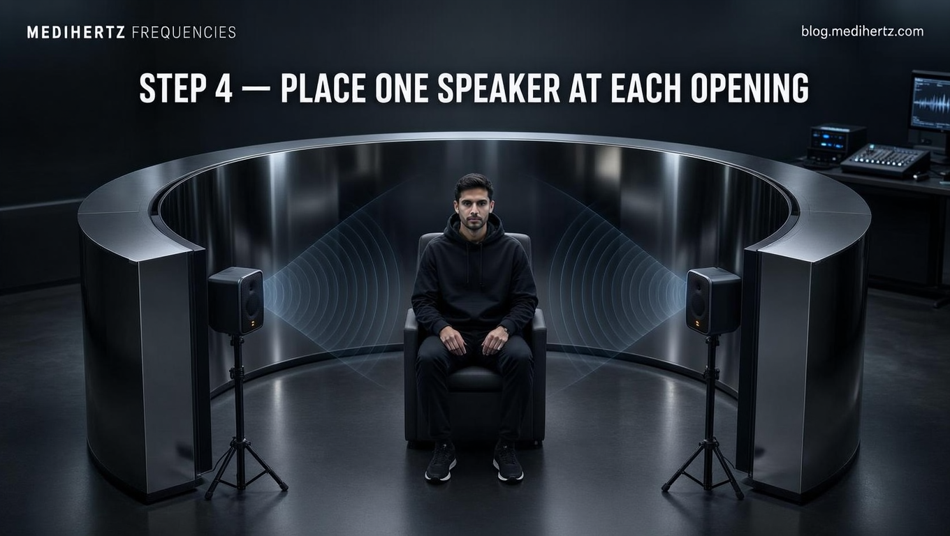 DIY Kozyrev mirror experiment setup using market-bought curved mirrors, positioned around a seated person with two openings for sound frequency testing