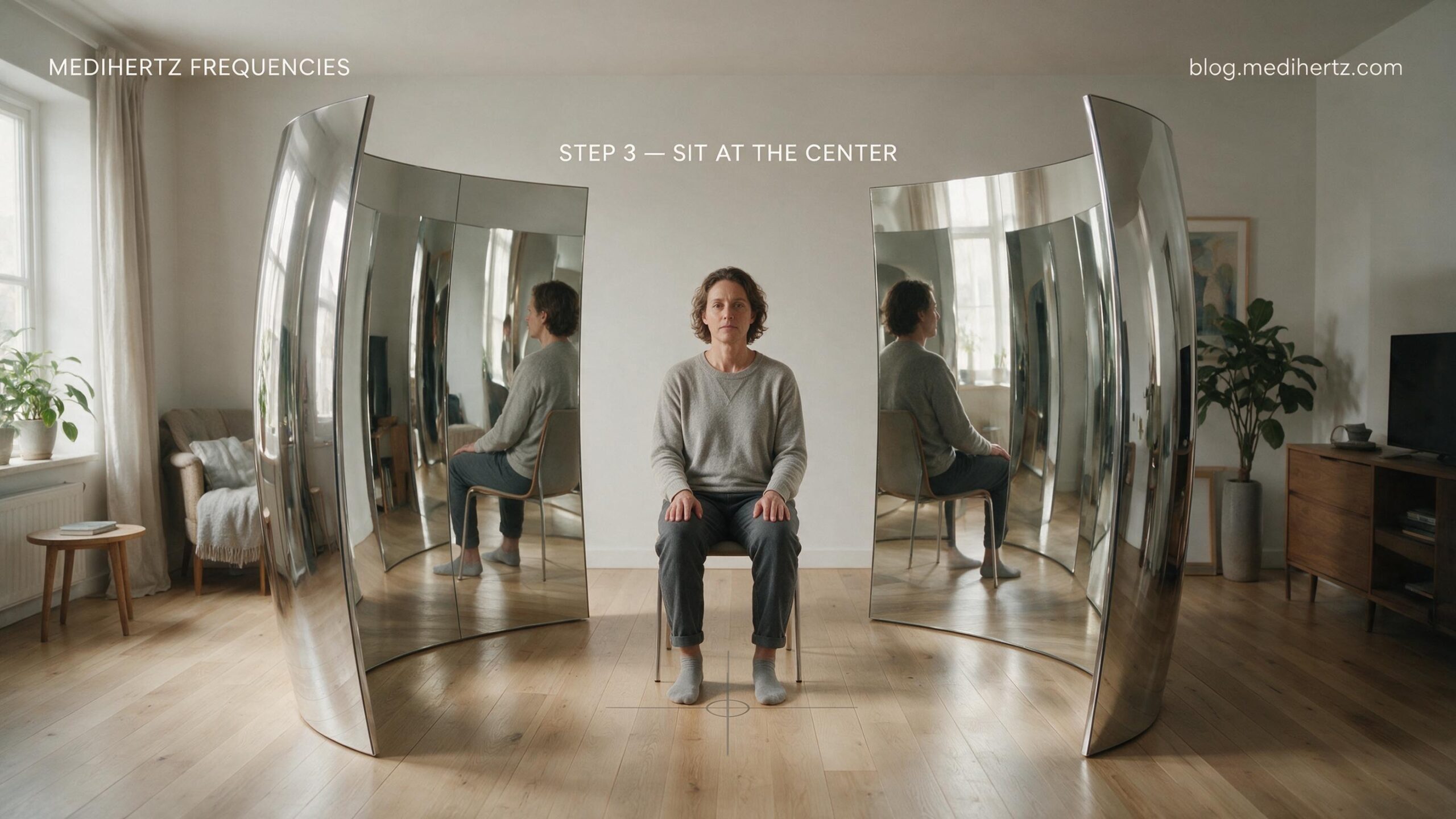 DIY Kozyrev mirror experiment setup using market-bought curved mirrors, positioned around a seated person with two openings for sound frequency testing