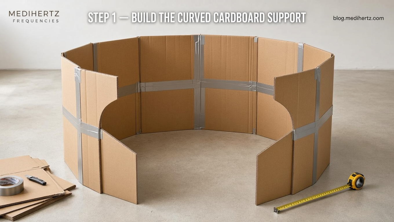 DIY Kozyrev mirror experiment setup using market-bought curved mirrors, positioned around a seated person with two openings for sound frequency testing