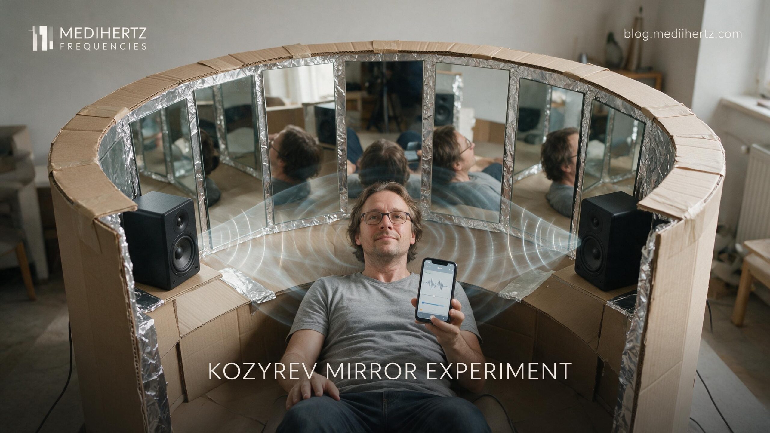 DIY Kozyrev mirror experiment setup using market-bought curved mirrors, positioned around a seated person with two openings for sound frequency testing
