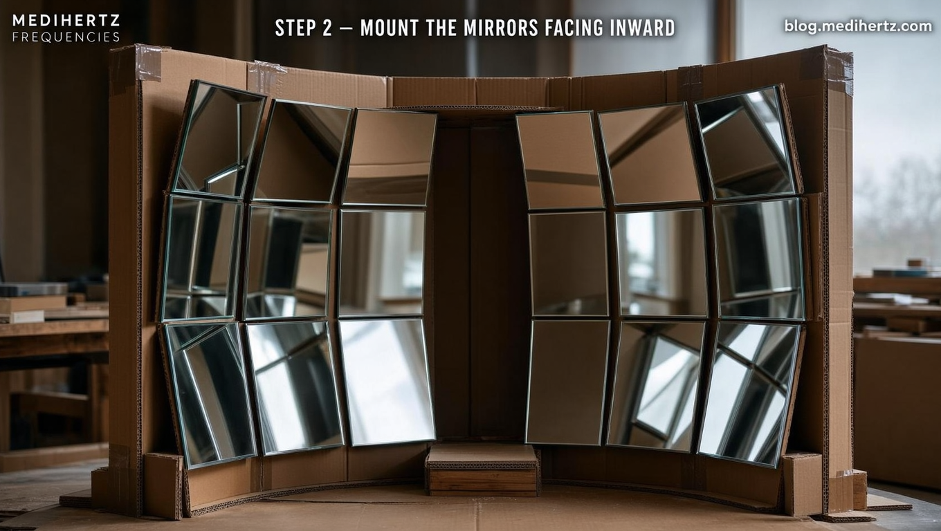 DIY Kozyrev mirror experiment setup using market-bought curved mirrors, positioned around a seated person with two openings for sound frequency testing