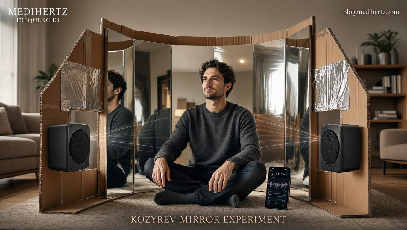 DIY Kozyrev mirror experiment setup using market-bought curved mirrors, positioned around a seated person with two openings for sound frequency testing
