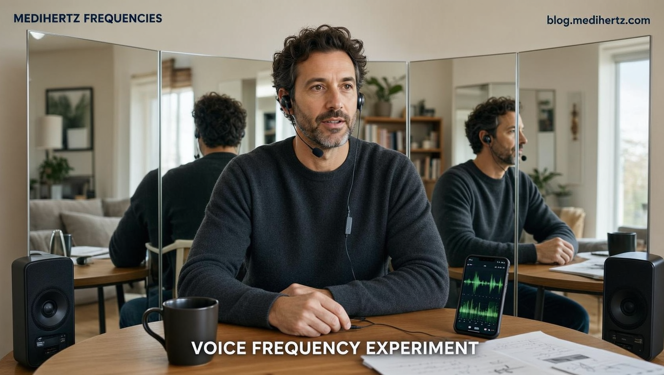 DIY Kozyrev mirror experiment setup using market-bought curved mirrors, positioned around a seated person with two openings for sound frequency testing