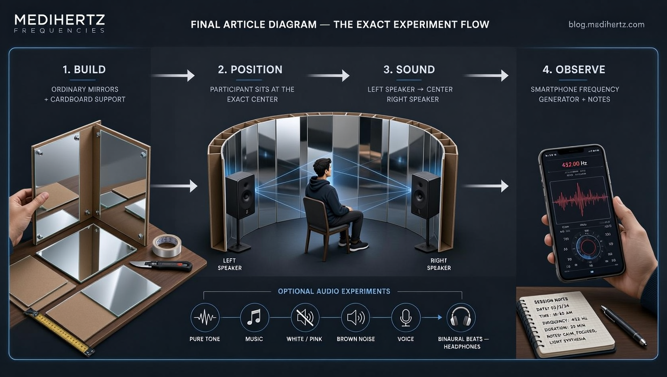 DIY Kozyrev mirror experiment setup using market-bought curved mirrors, positioned around a seated person with two openings for sound frequency testing