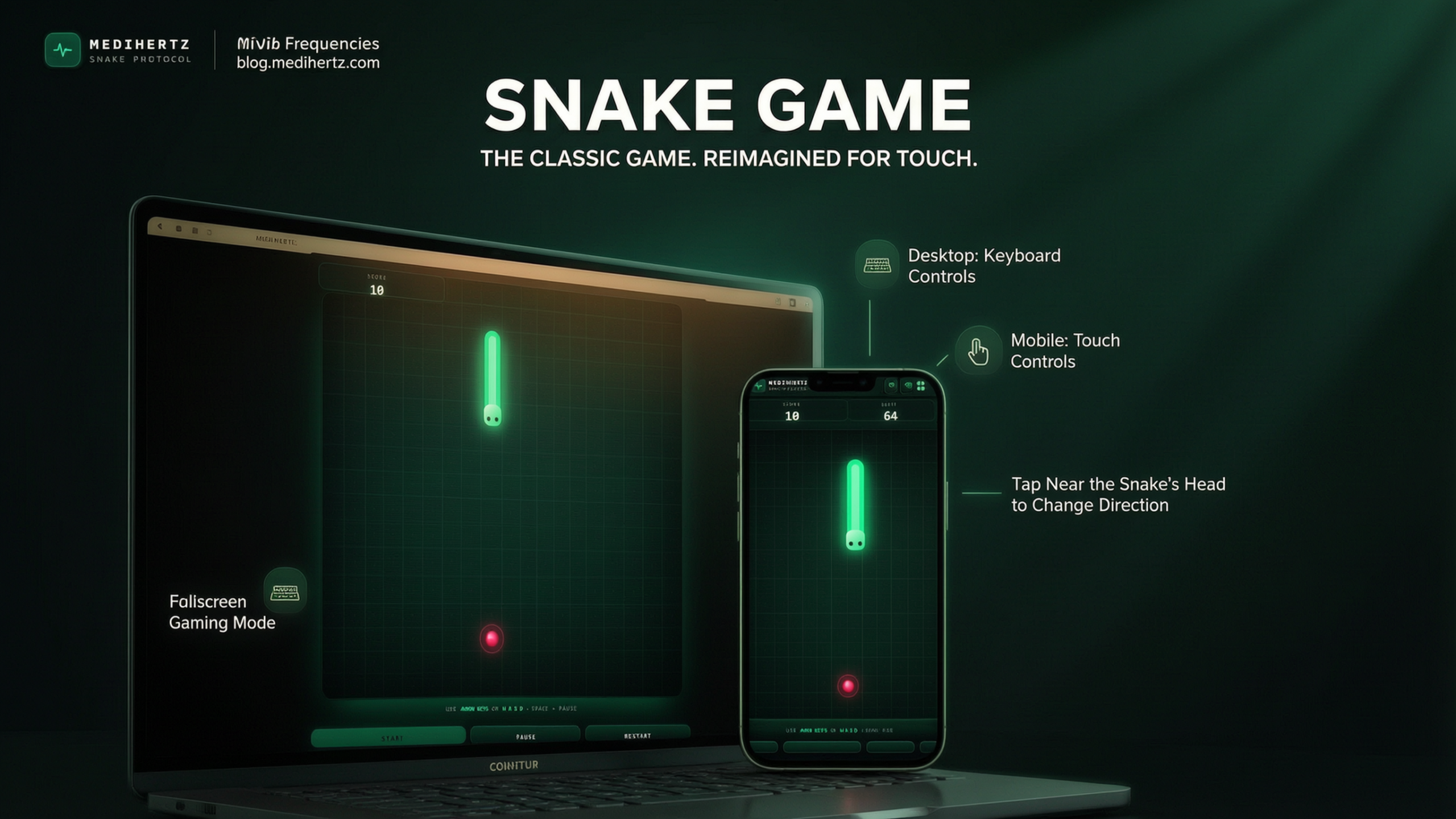Medihertz Retro Snake Game online on mobile and desktop with touch and keyboard controls