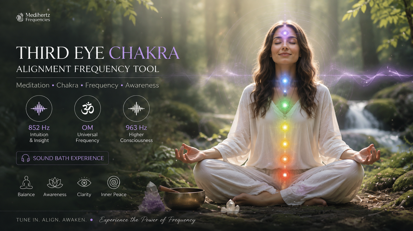 Third Eye Chakra Alignment Frequency Tool with sound bath meditation, 852 Hz, 963 Hz and OM frequency visualization