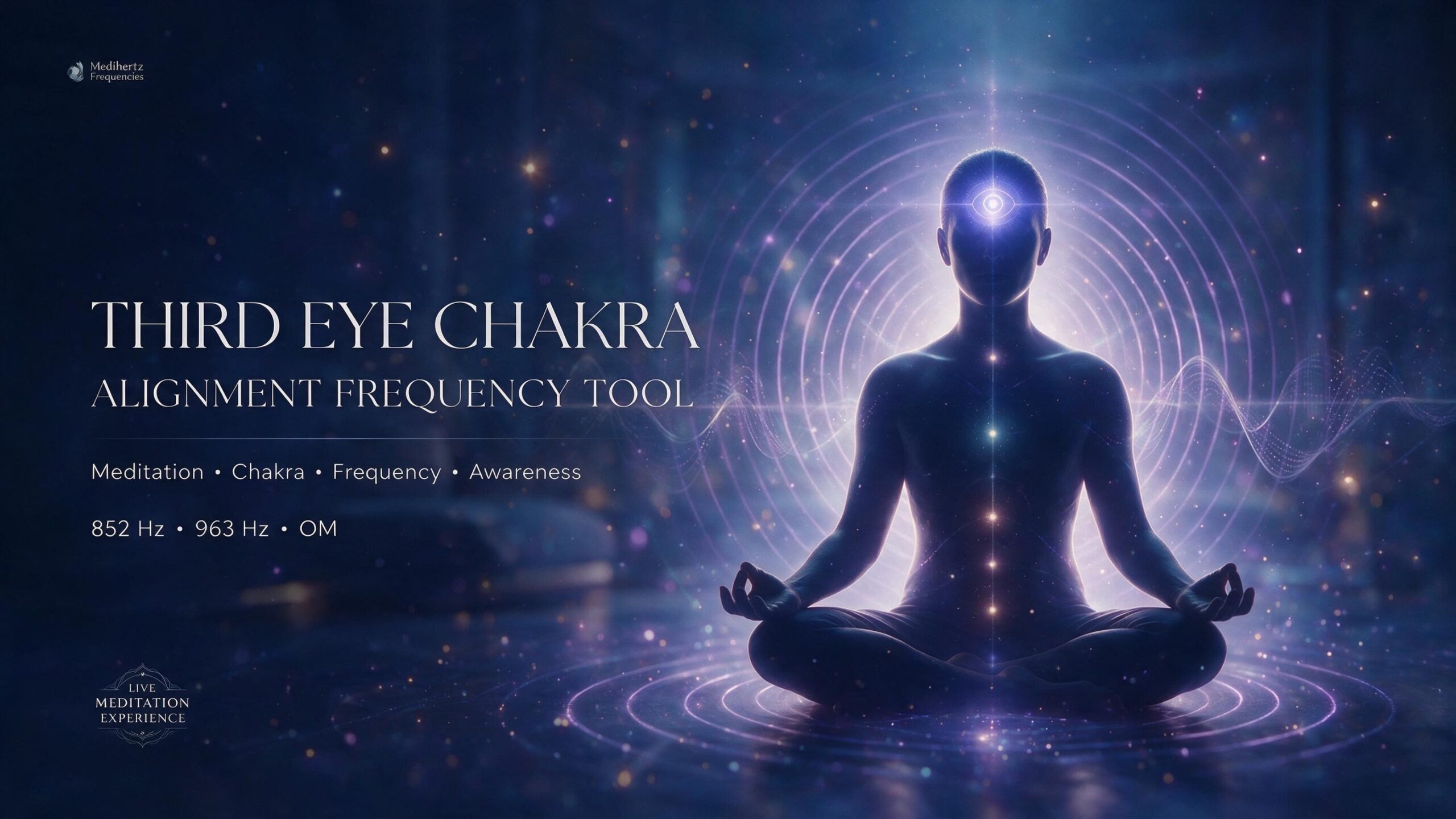 Third Eye Chakra Alignment Frequency Tool with sound bath meditation, 852 Hz, 963 Hz and OM frequency visualization
