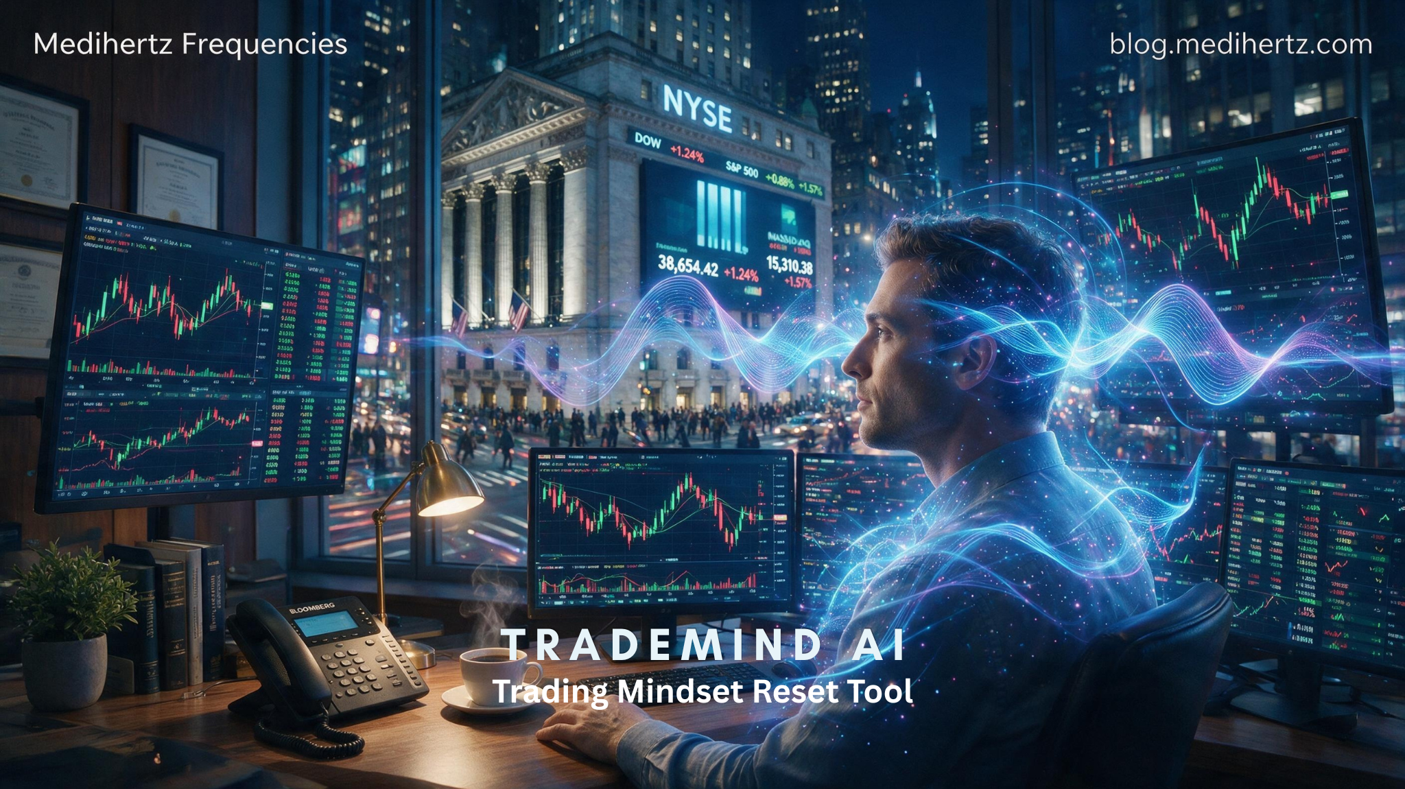 Trader using the Trading Mindset Reset Tool with calming frequency visualizations to improve focus, discipline, emotional control, and decision making before trading.