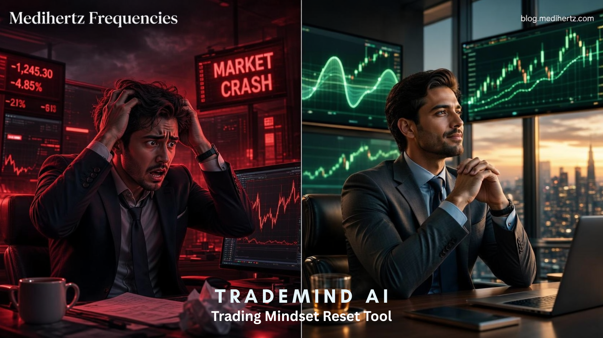 Trader using the Trading Mindset Reset Tool with calming frequency visualizations to improve focus, discipline, emotional control, and decision making before trading.