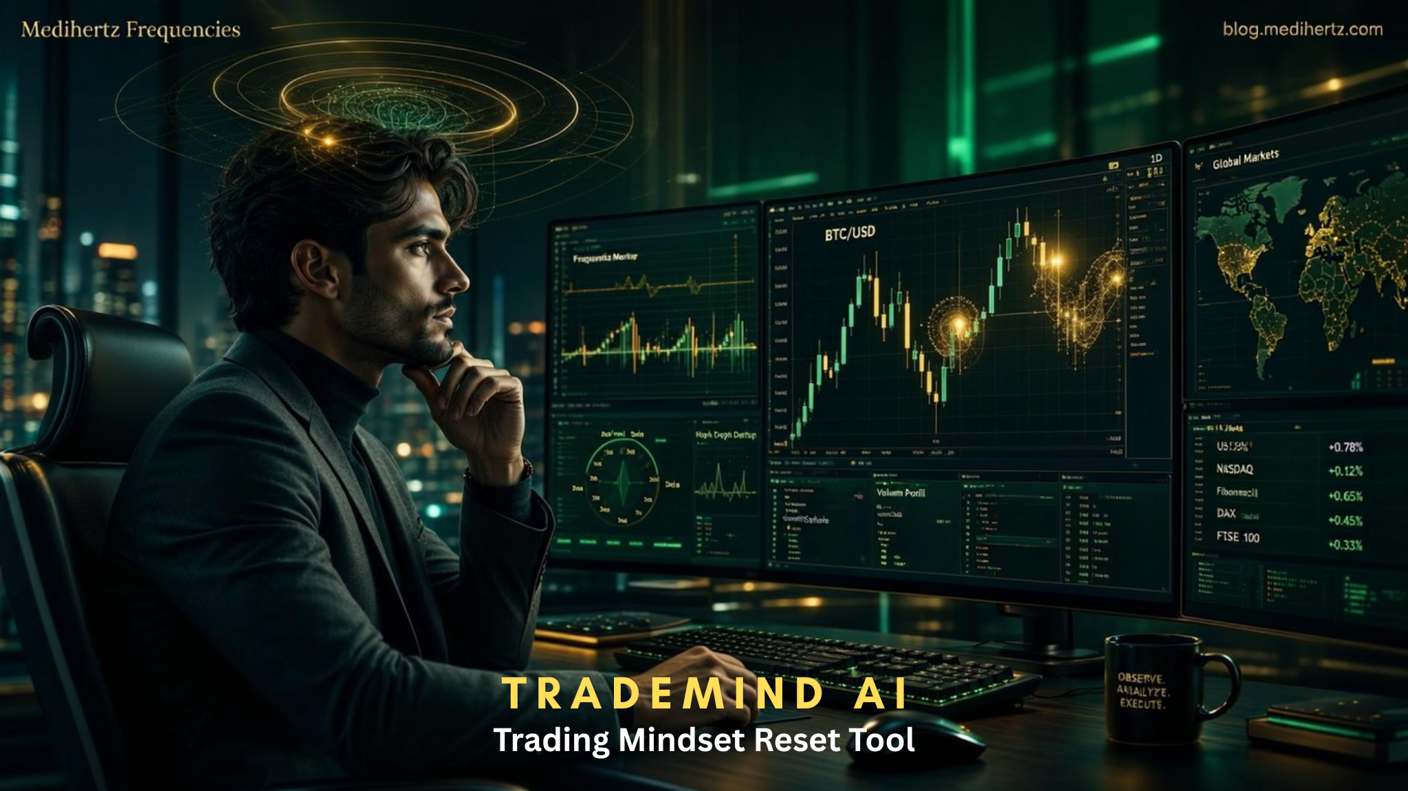 Trader using the Trading Mindset Reset Tool with calming frequency visualizations to improve focus, discipline, emotional control, and decision making before trading.